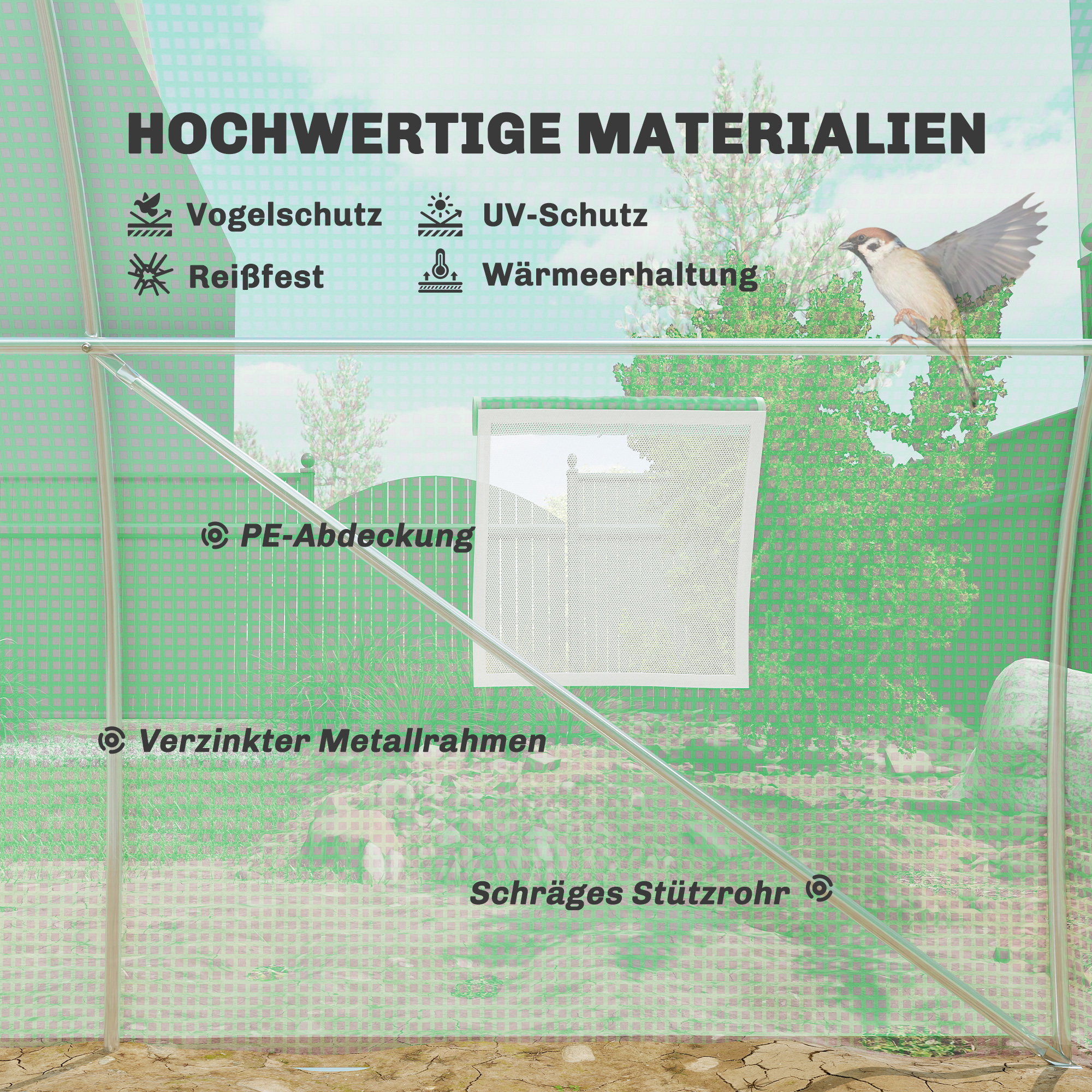Foliengewächshaus, begehbar, 8 Fenster mit Fliegennetz, robuste Folie, Stahlrahmen, 6 x 3 x 2 m, Grün