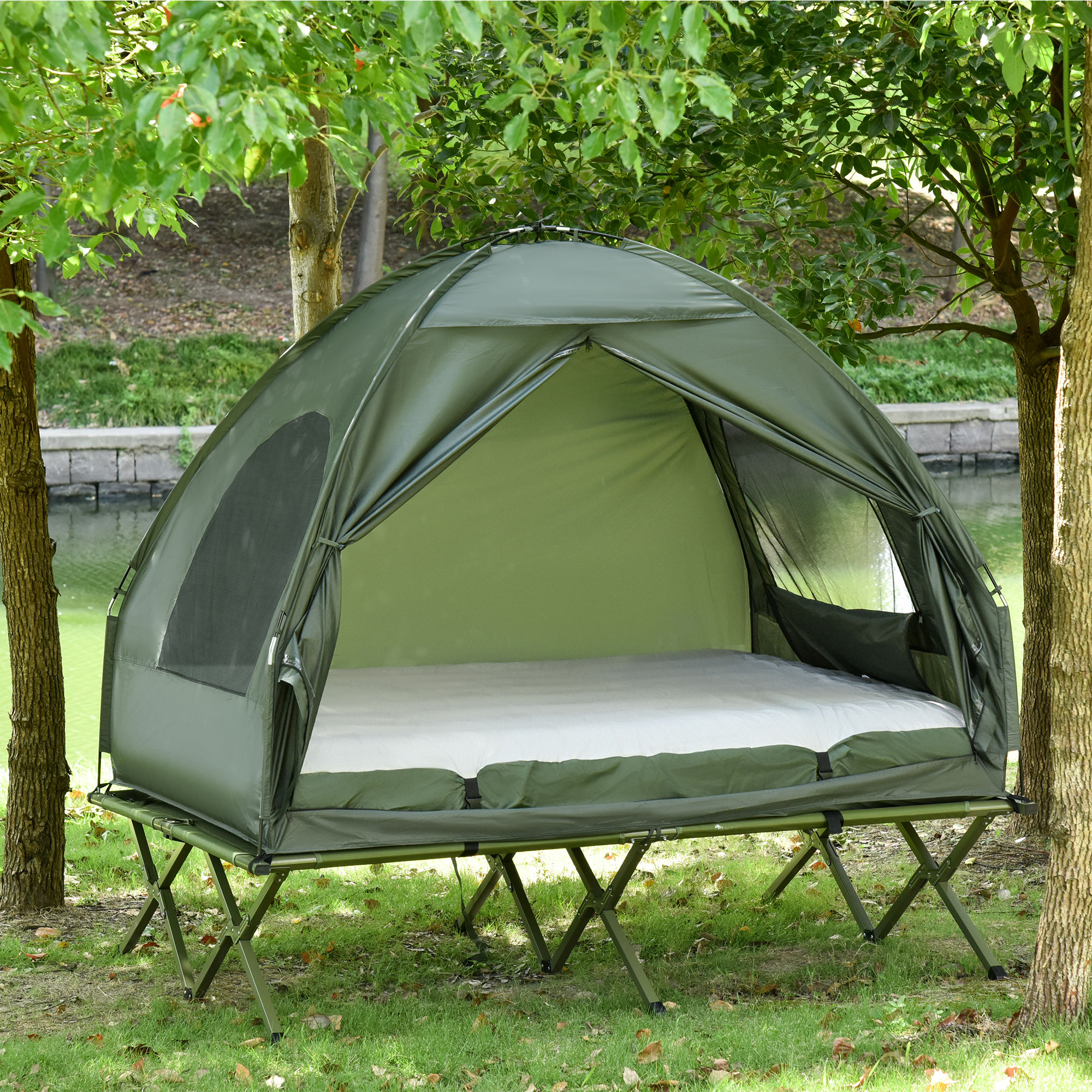 Campingzelt-Set für 2 Personen mit Feldbett und Luftmatratze Grün