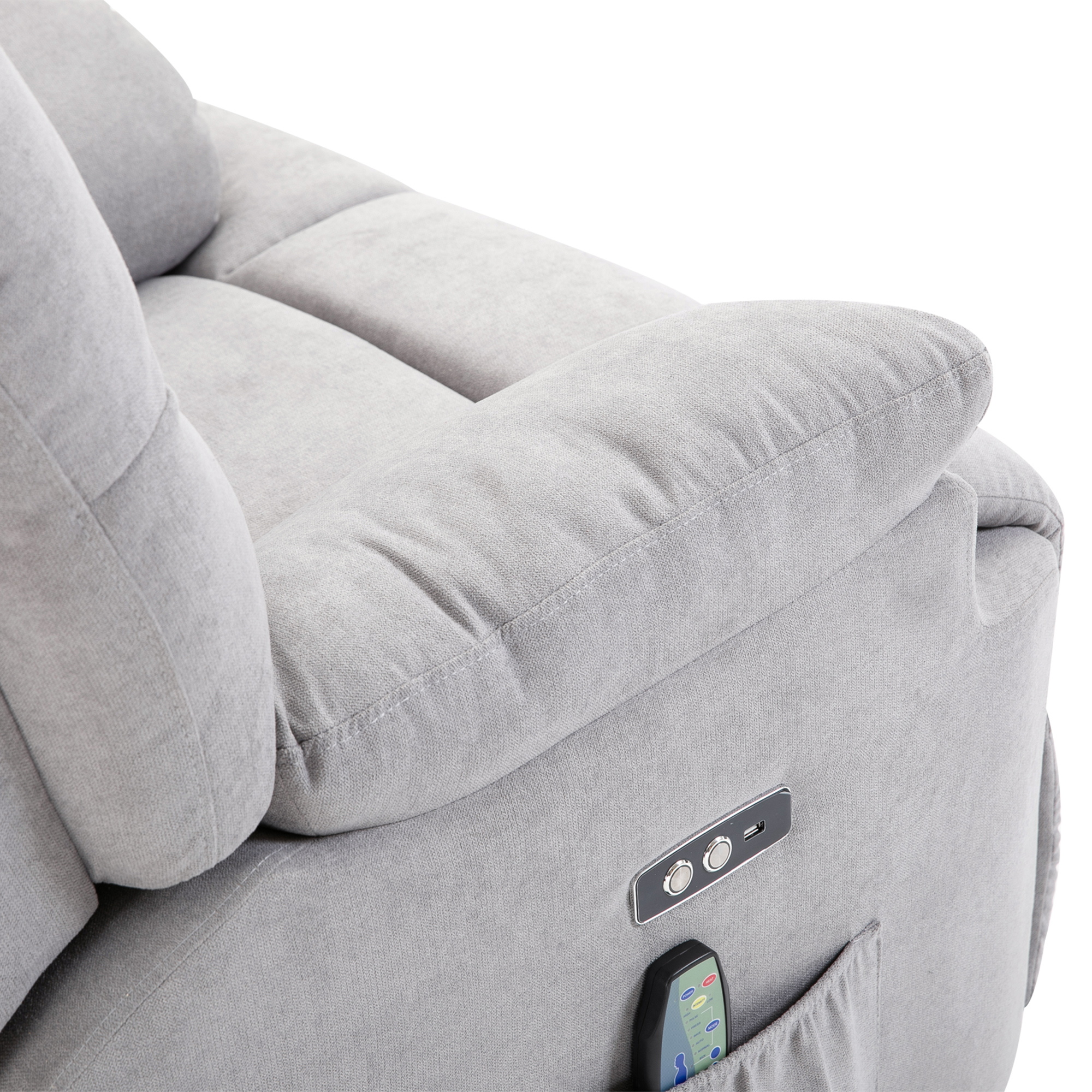 Sessel mit Aufstehhilfe, Massagesessel, Relaxsessel mit USB-Anschluss, Fernsehsessel mit Fernbedienung, Seitentasche, Neigebarer TV-Sessel mit Samtoptik, Grau