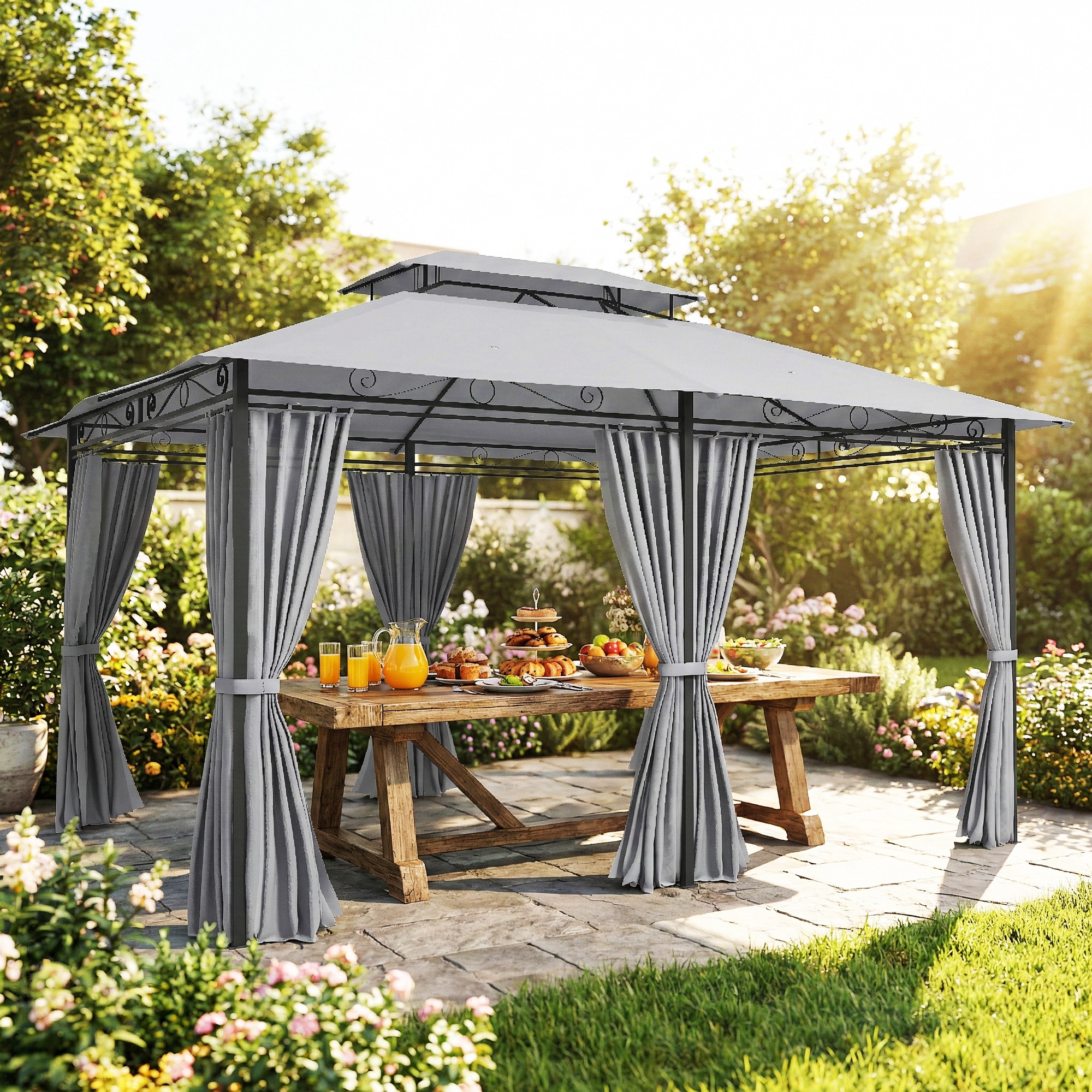Gartenpavillon, Outdoor Pavillon mit Vorhängen, belüftetem Dach, Dunkelgrau