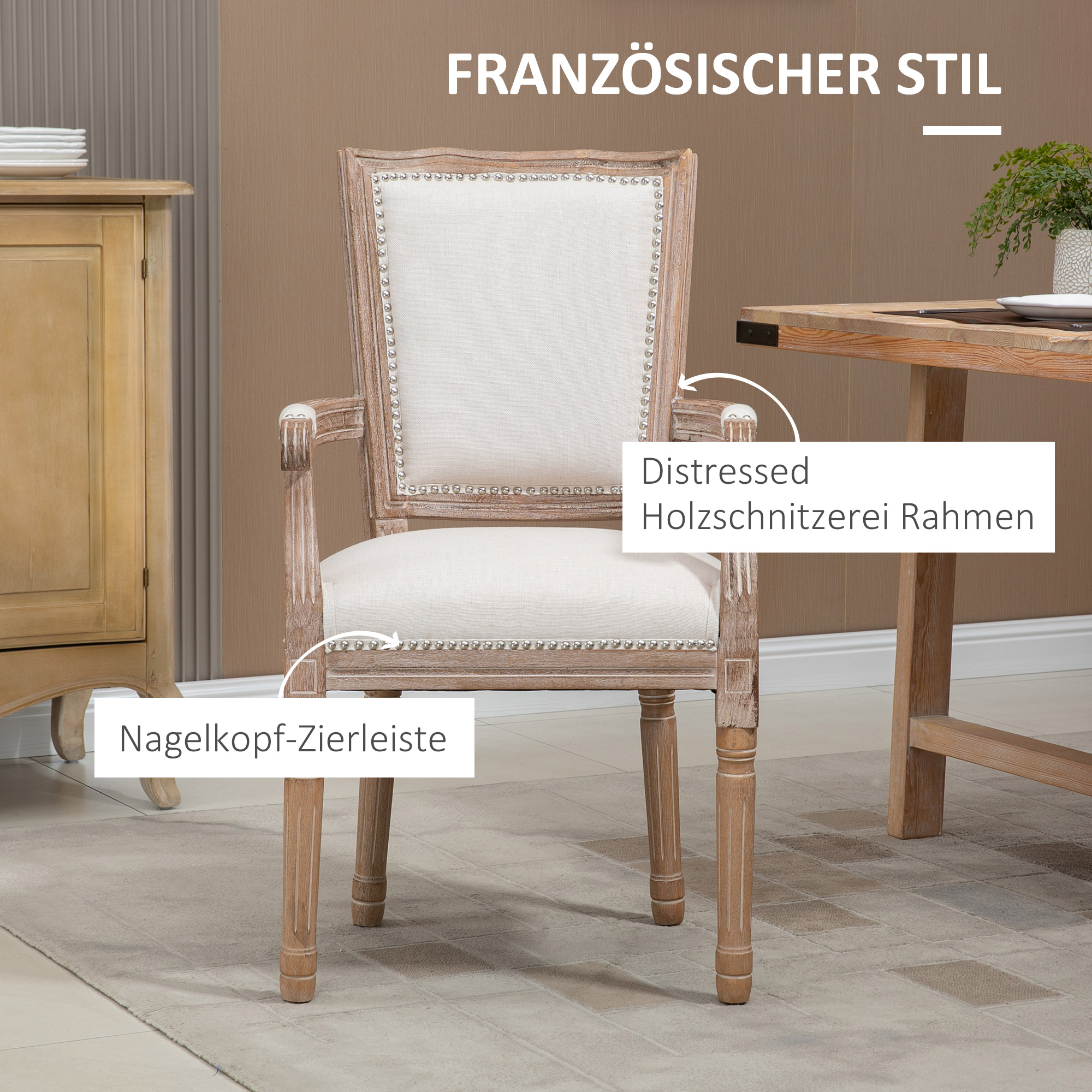 Esszimmerstuhl, Küchenstuhl, Nietendekor, französischer Landhausstil, Kautschukholz, Cremeweiß, 54,5 x 59 x 96cm