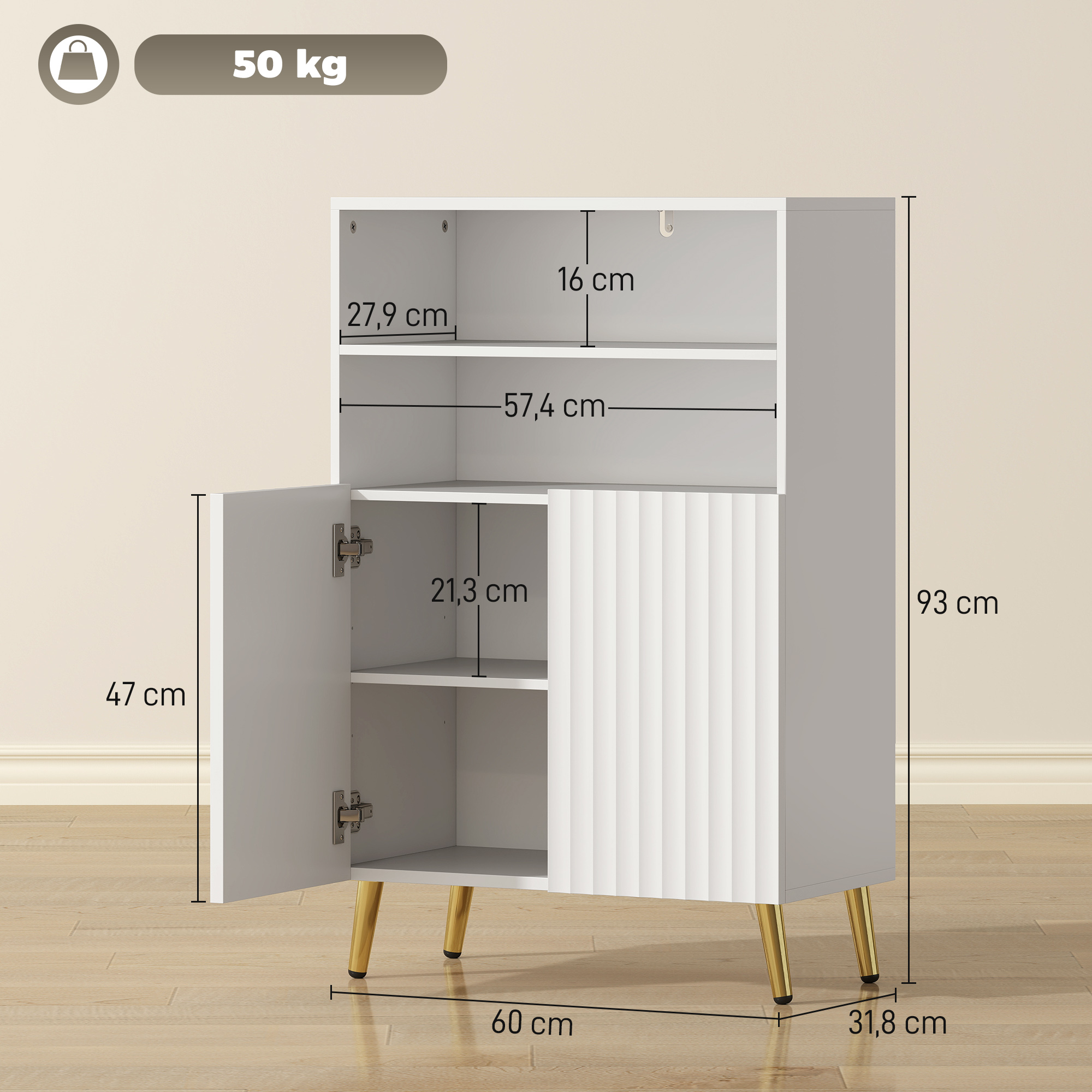 Badezimmerschrank, Kommode für Wohnräume, Soft-Close-Türen, 2 offene Regale, MDF, Weiß