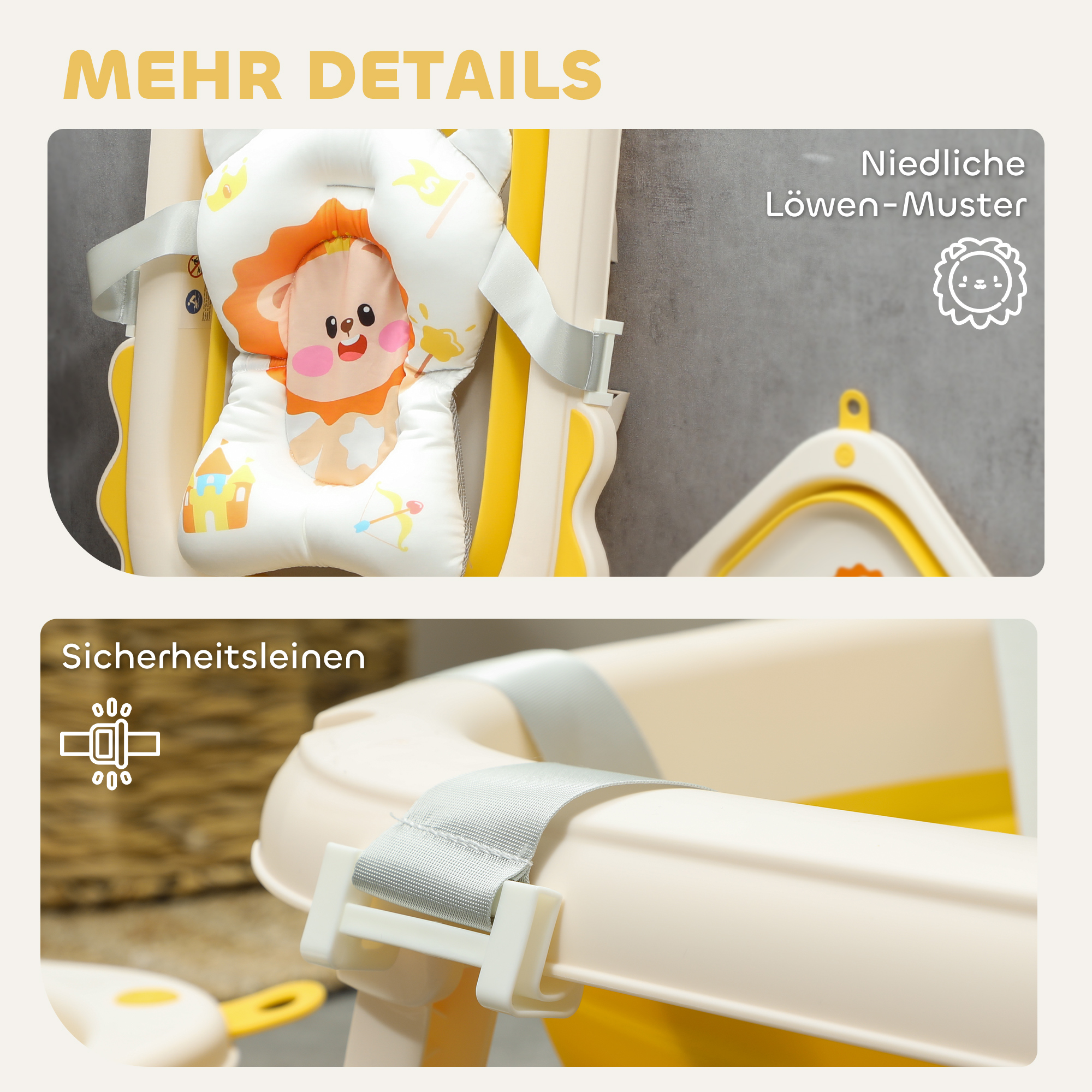 Babybadewanne mit Waschbecken, faltbar, rutschfester Boden, komfortables Badekissen, Gelb