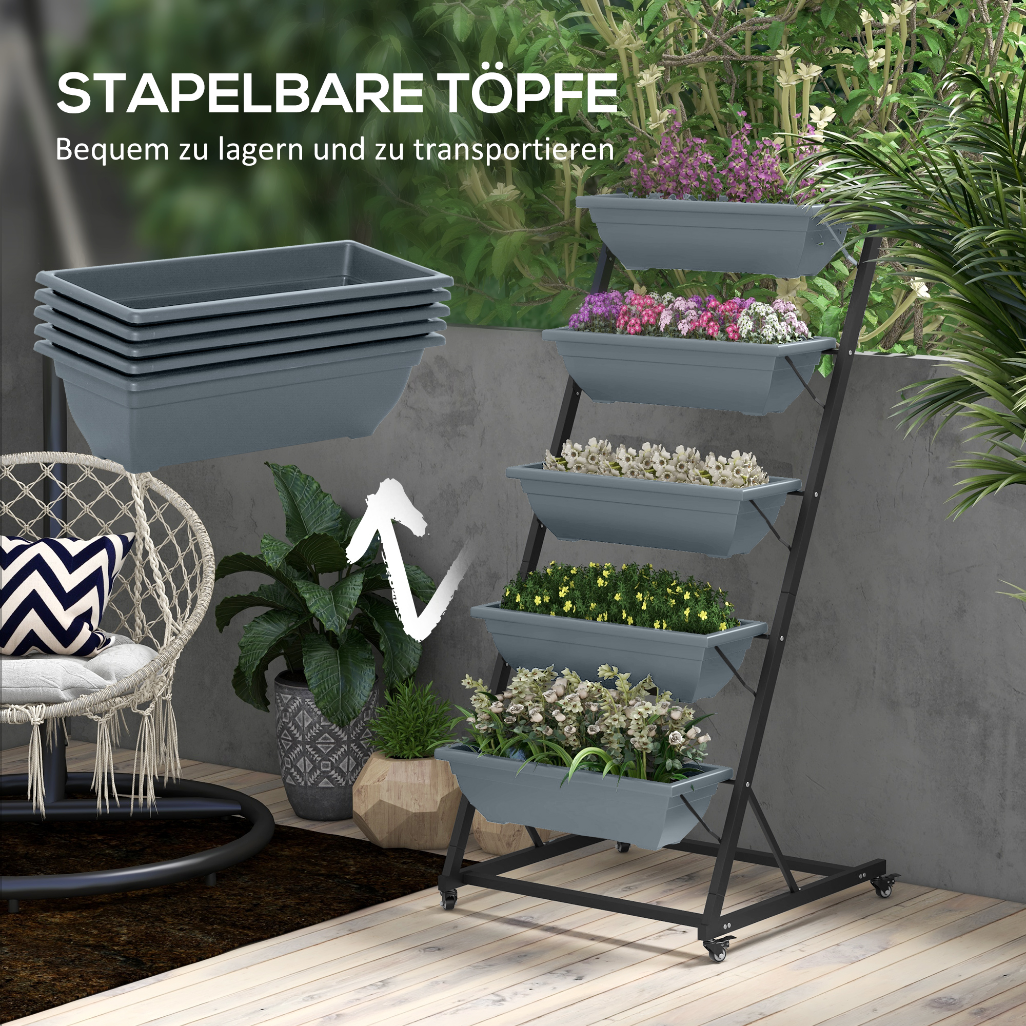 Pflanzentreppe Blumentreppe Pflanzenregal, stapelbar, wetterbeständig, 65 x 67 x 145 cm, Grau + Schwarz