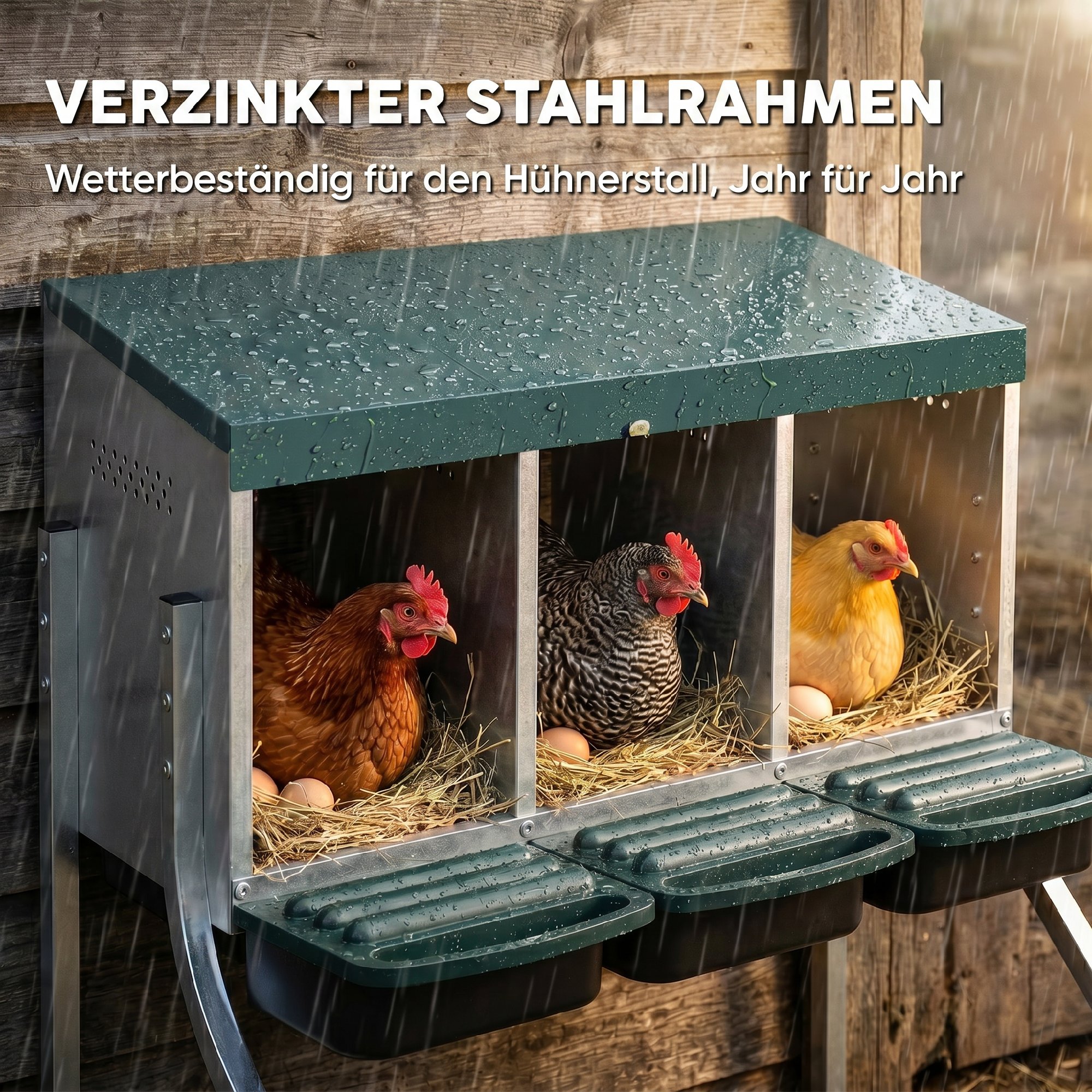 Legenest für Hühner, Abrollnest mit Belüftungslöchern, 3 Fächer, Hühnernest für 3 Hühner, 84 x 55 x 61 cm, Silber