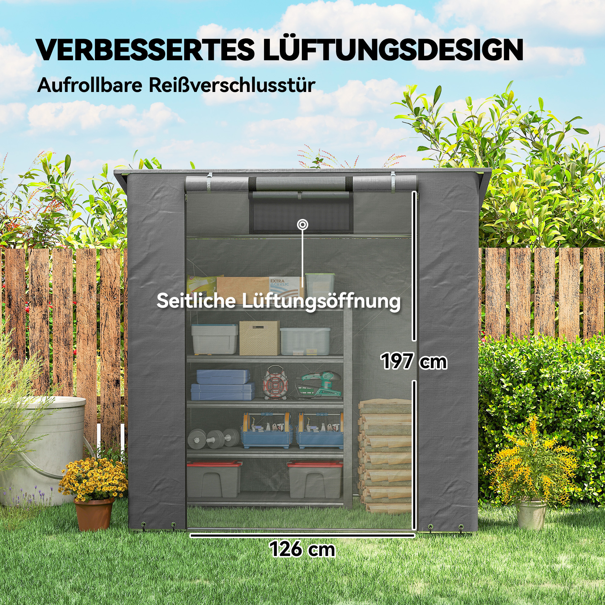 Zeltgarage 1,9x1,2 m Wasserdicht Garagenzelt mit aufrollbarer Reißverschlusstür Belüftungsfenster Dunkelgrau