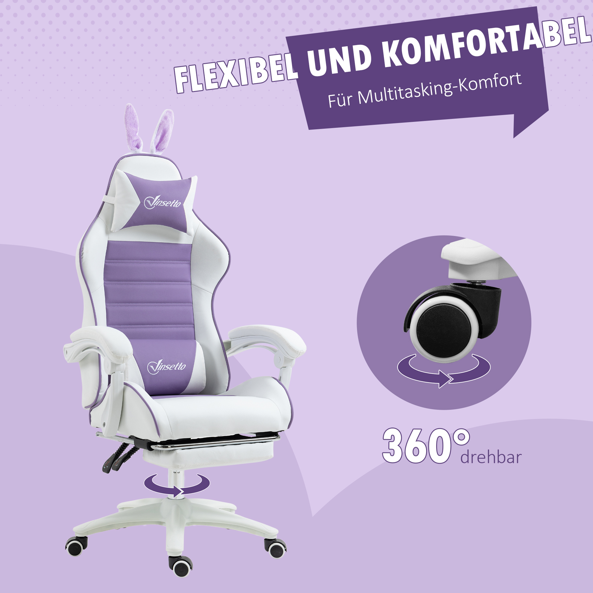 Gaming Stuhl, ergonomischer Gamer Stuhl mit Lendenwirbelstütze, Fußstütze, Hasenohren, Kopfkissen violett