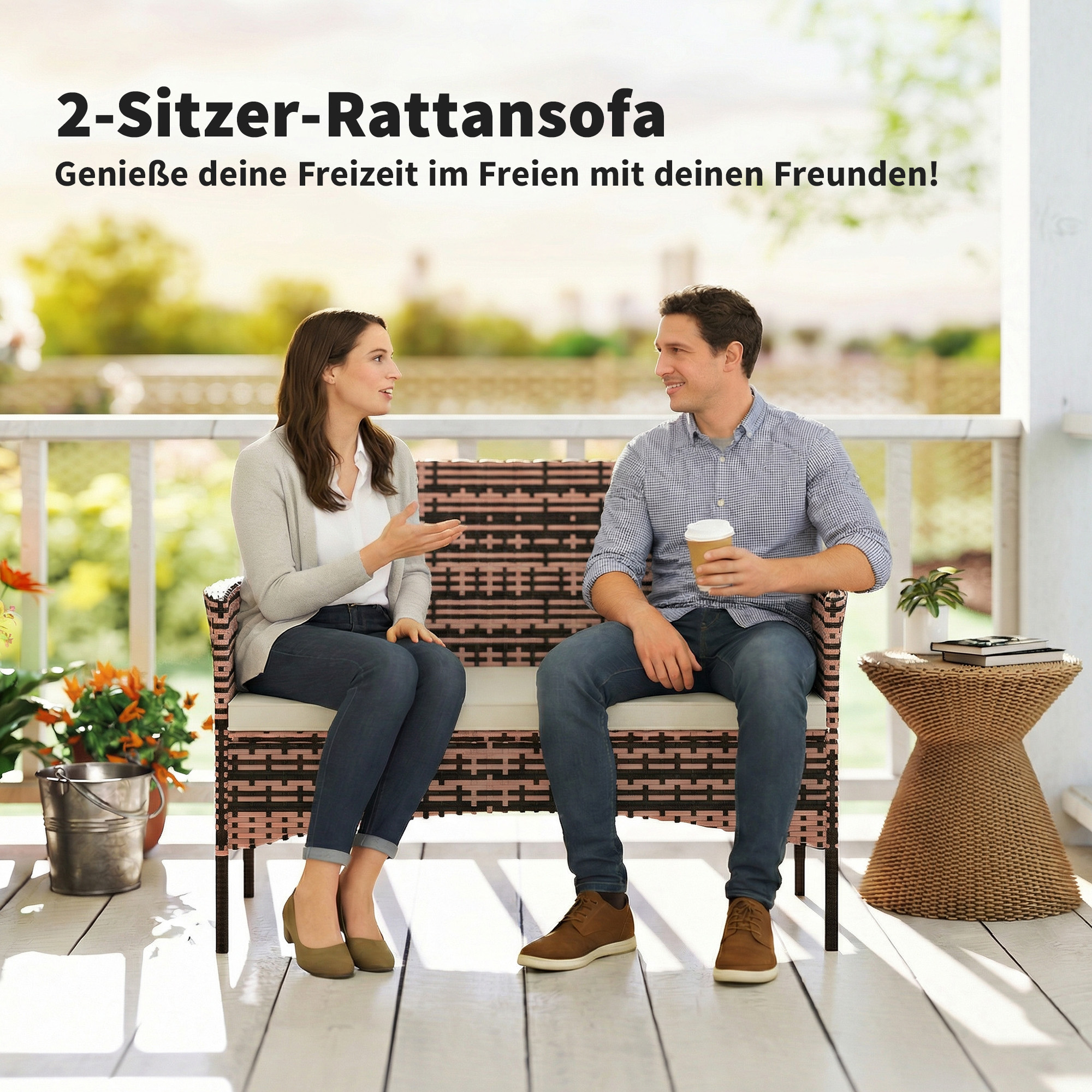 2-Sitzer Rattan Gartensofa PE-Rattan Outdoor-Terrassen-Sofa mit Polster, Anti-Rutsch-Matten, Stahlrahmen, Khaki