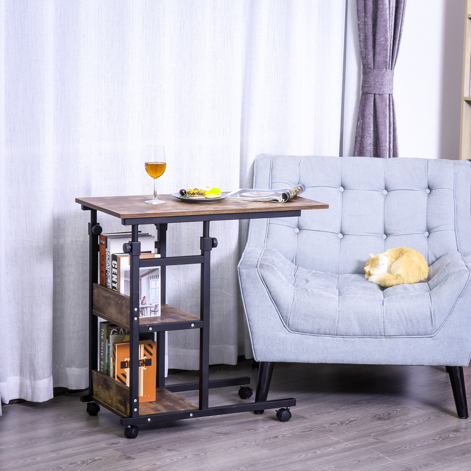 Beistelltisch mit Rollen, höhenverstellbar, kompakt, 2 Ablageböden, Metallrahmen, 80x40x72-82 cm, Braun/Schwarz