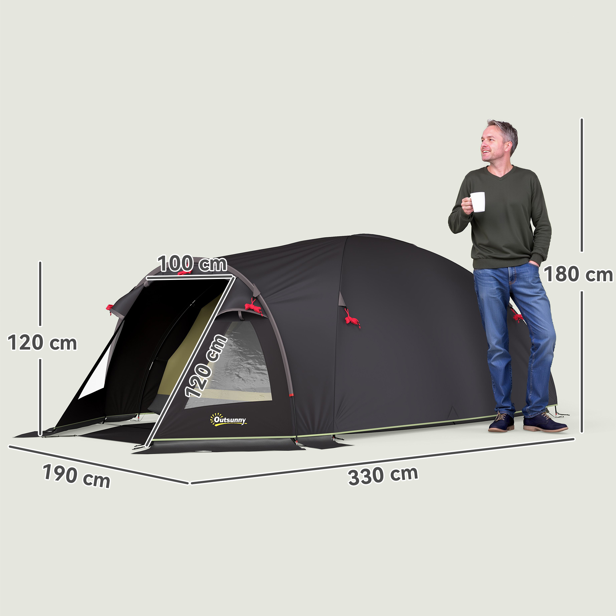 Campingzelt für 2 Personen leicht, stabil UV 50+ Tunnelzelt mit Vordach Seitentür&Fenster Schwarz