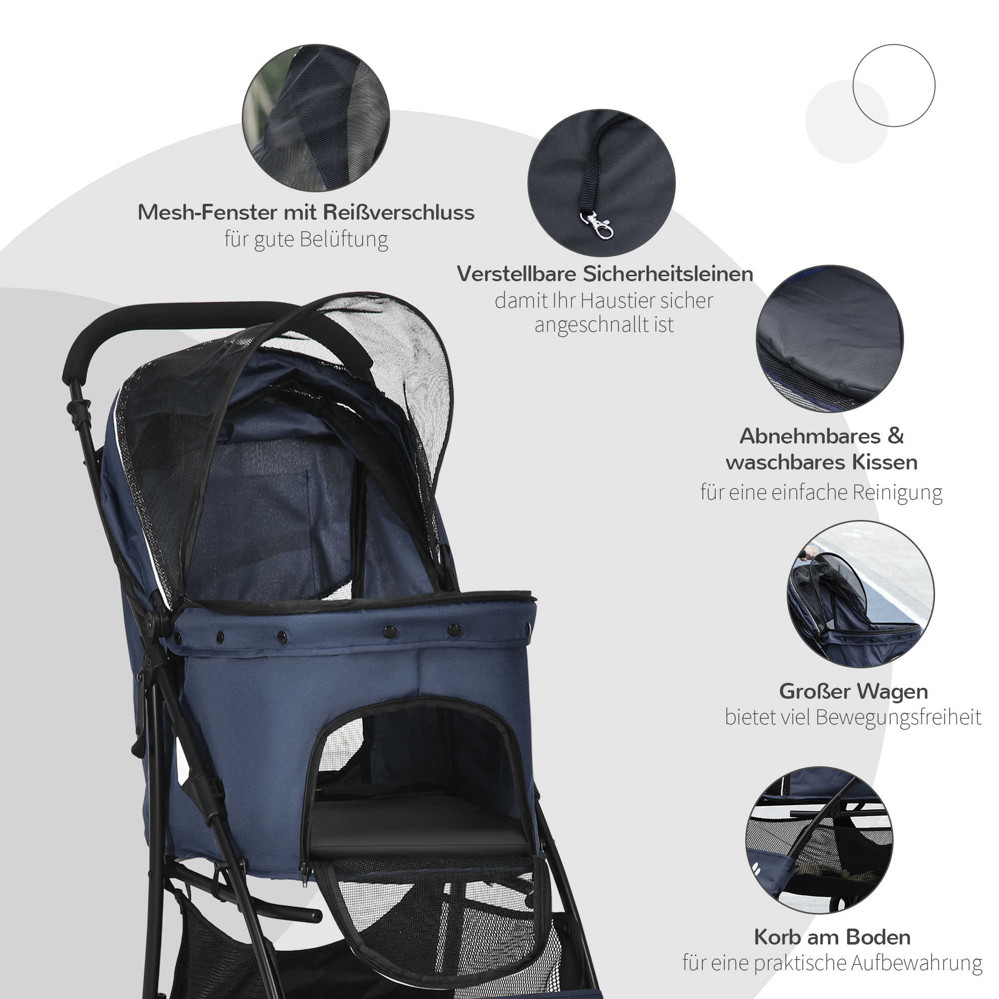Hundewagen Hundebuggy bis 10 kg Klappbar Bodenkorb Kissen Seitentasche 81 cm x 48 cm x 99 cm Grau