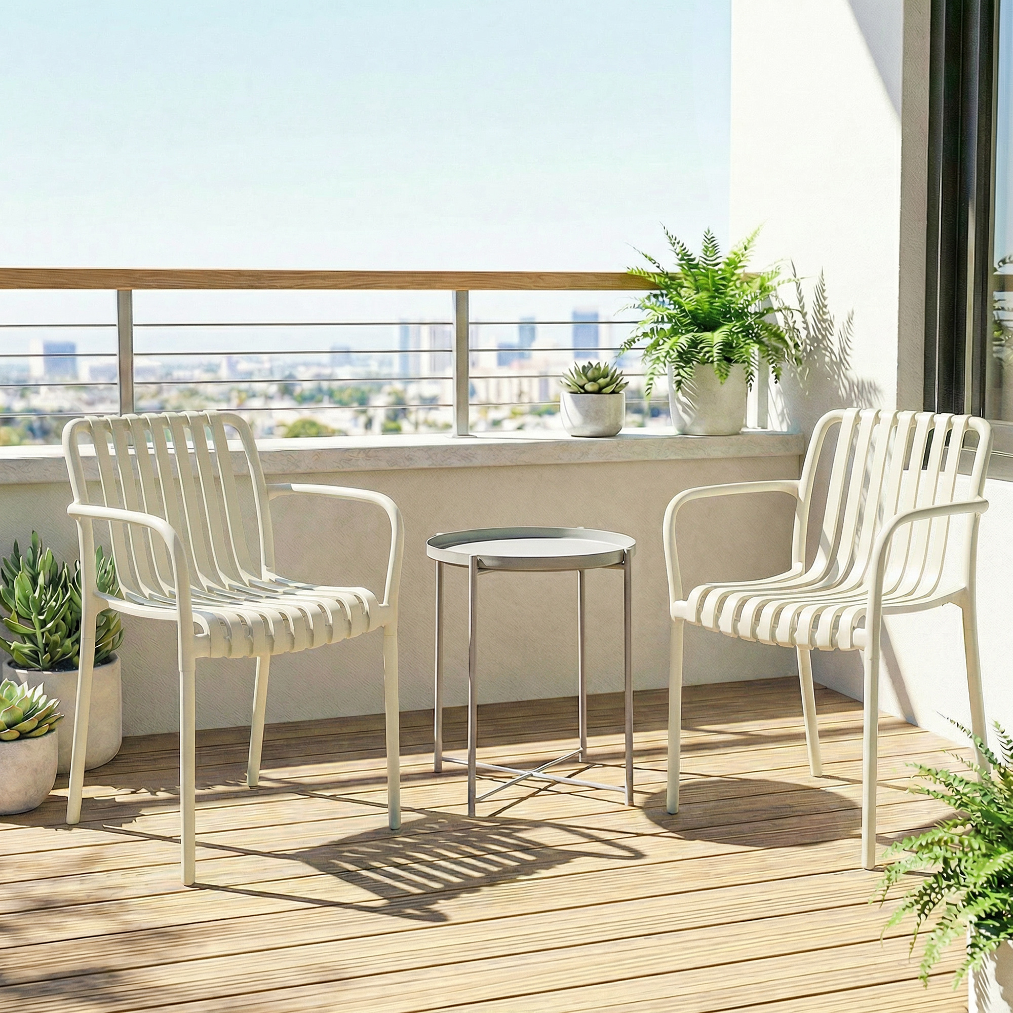 Gartenstühle 4er Set Stapelbare Terrassenstühle mit Lamelldesign Armlehnen, Ergonomisch Cremeweiß