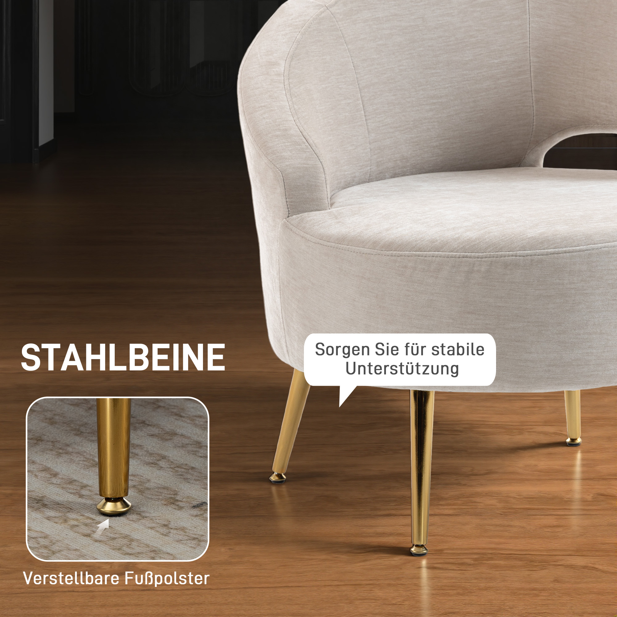 Loungesessel Sessel mit Chenille-Optik, Schrägere Rückenlehne, Goldenen Stahlbeinen für Wohnzimmer, Cremeweiß