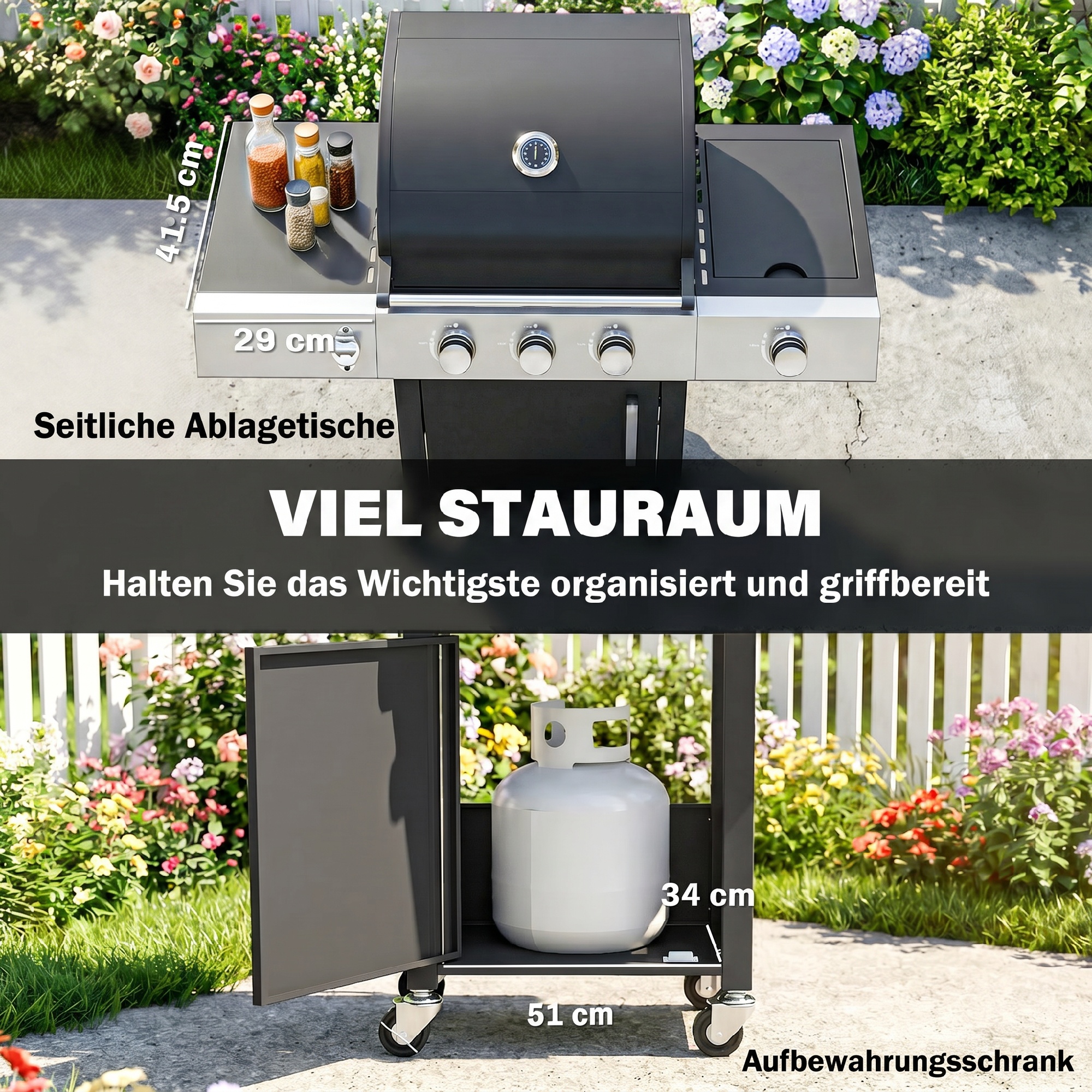Gasgrill 10,5 KW 3+1 Brenner BBQ Grillwagen Edelstahl inkl Seitenbrenner Flaschenöffner Thermometer Gusseisen-Grillrost