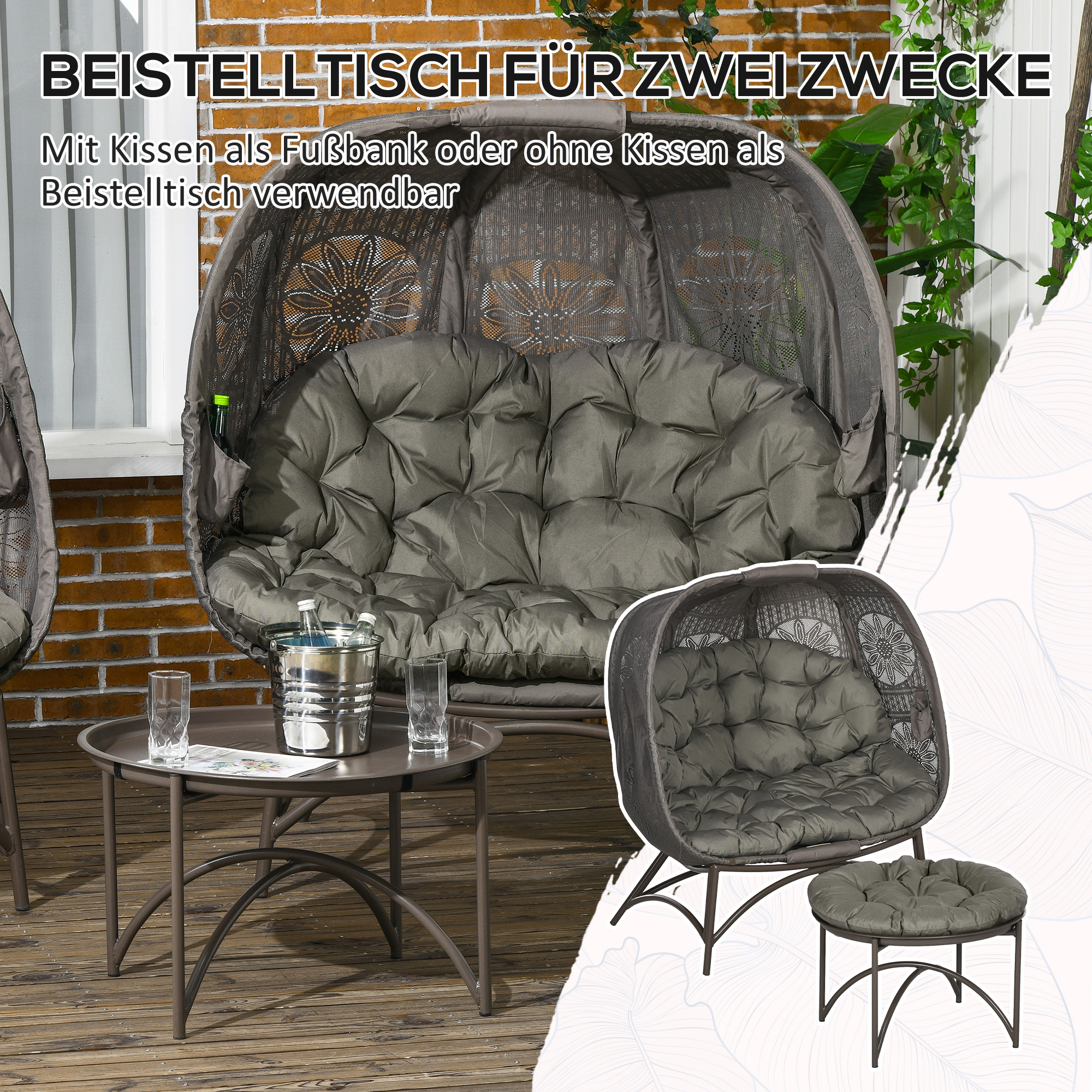 Gartenmöbel-Set, 2 Korbsessel mit Beistelltisch, faltbar, Sitzauflagen, Metallgestell, Farbe: Sand