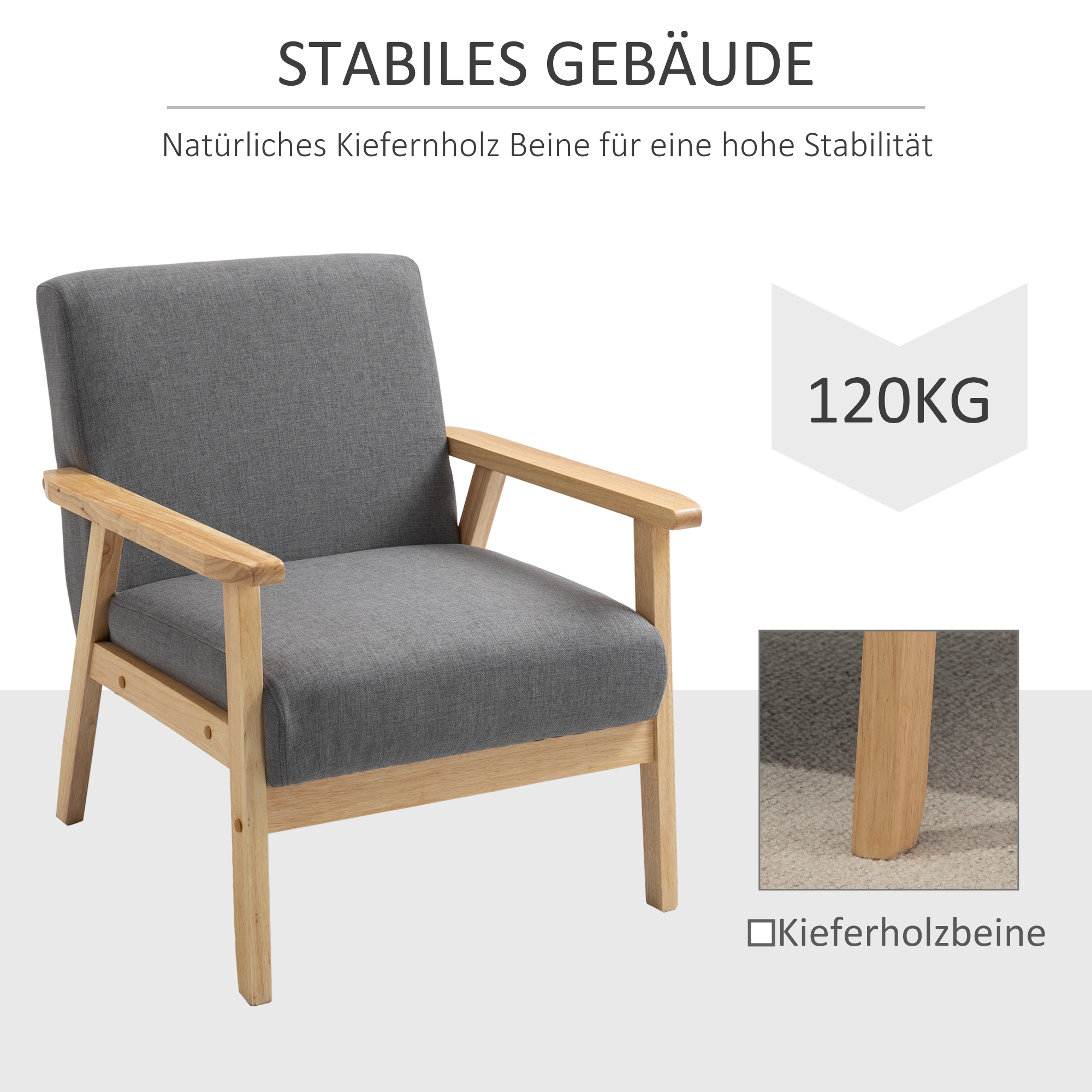 Sessel im Skandi-Design, Akzentsessel, Massivholz, Leinenoptik, 64 cm x 70 cm x 72 cm, Grau + Natur