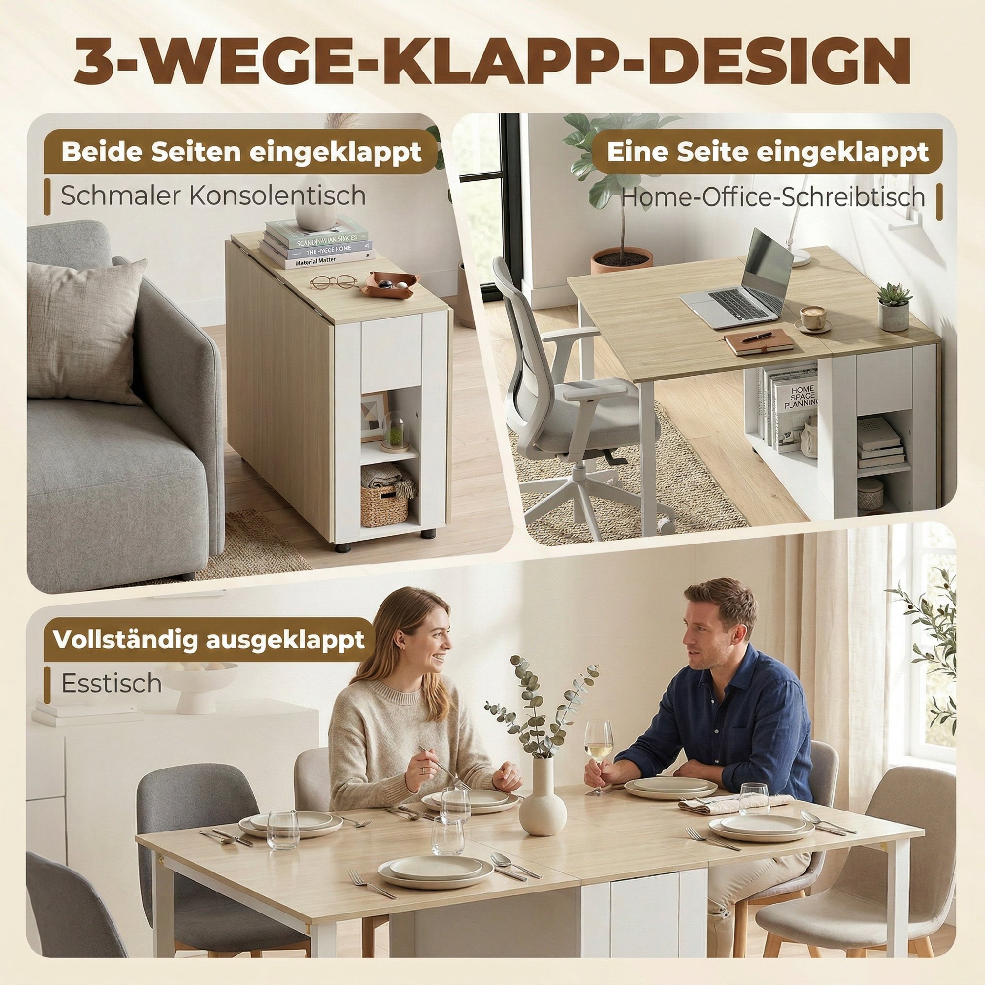 Klapptisch für 6 Personen, 168 cm großer ausziehbarer Esstisch mit 2 Schubladen & 4 Ablagefächern