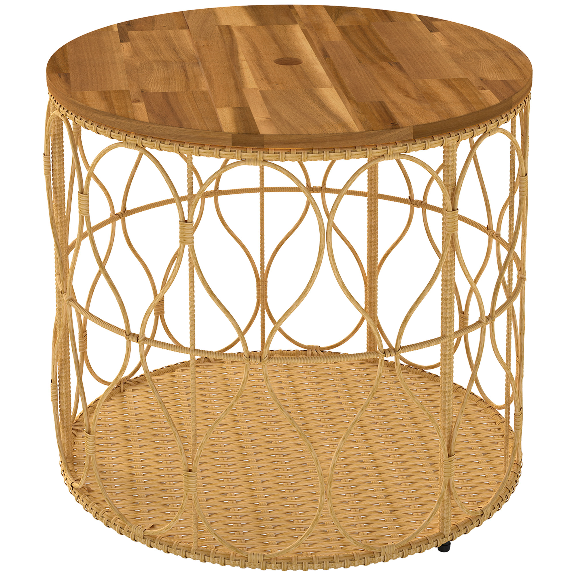 Beistelltisch Ø50 cm wetterfest Gartentisch mit Rattanoptik Akazienholzplatte verstellbaren Füßen Teak