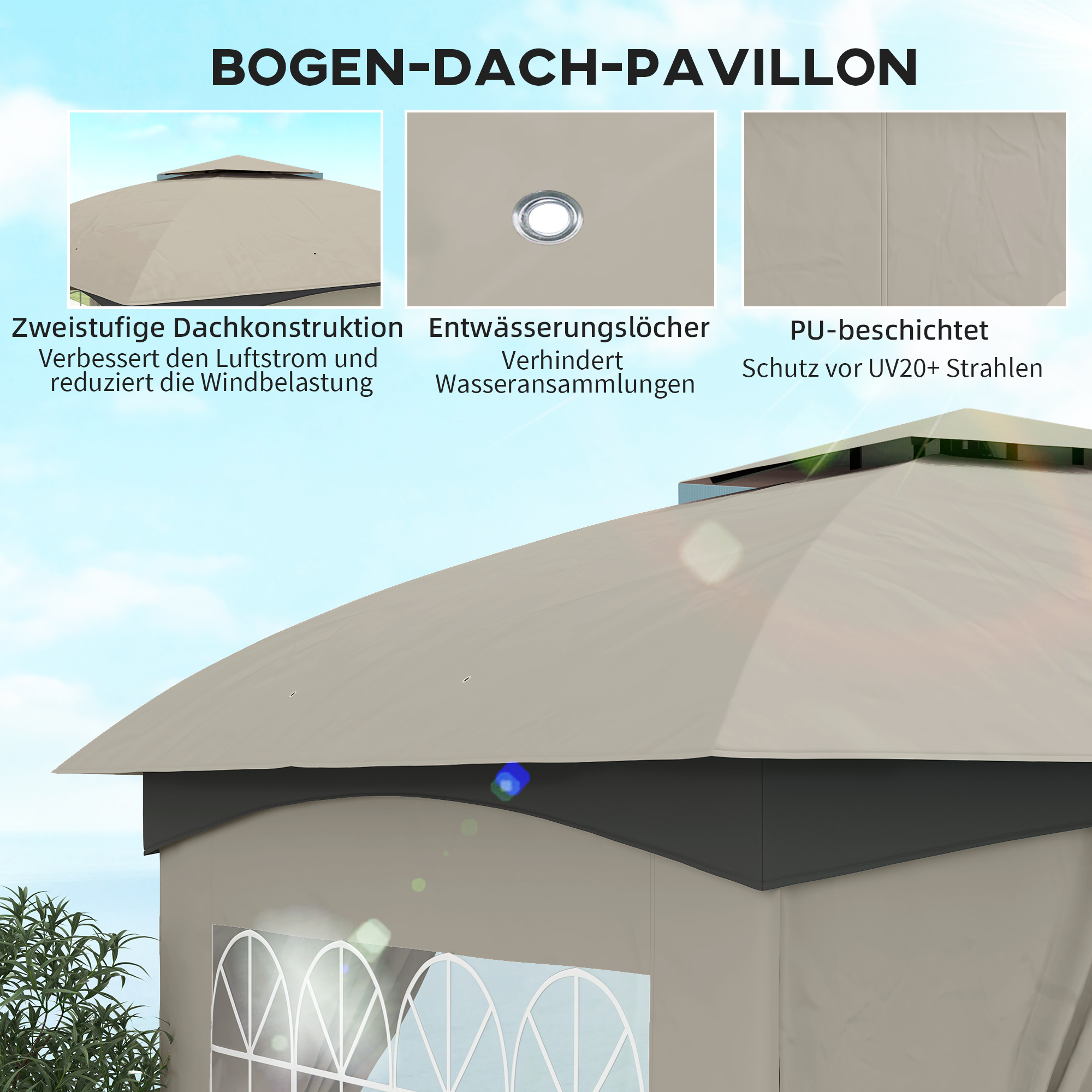 3,4 x 3,4 m Gartenpavillon, Bierzelt mit Lüftungsdach, Bogenfenstern, Stahlgestell, Hellgrau