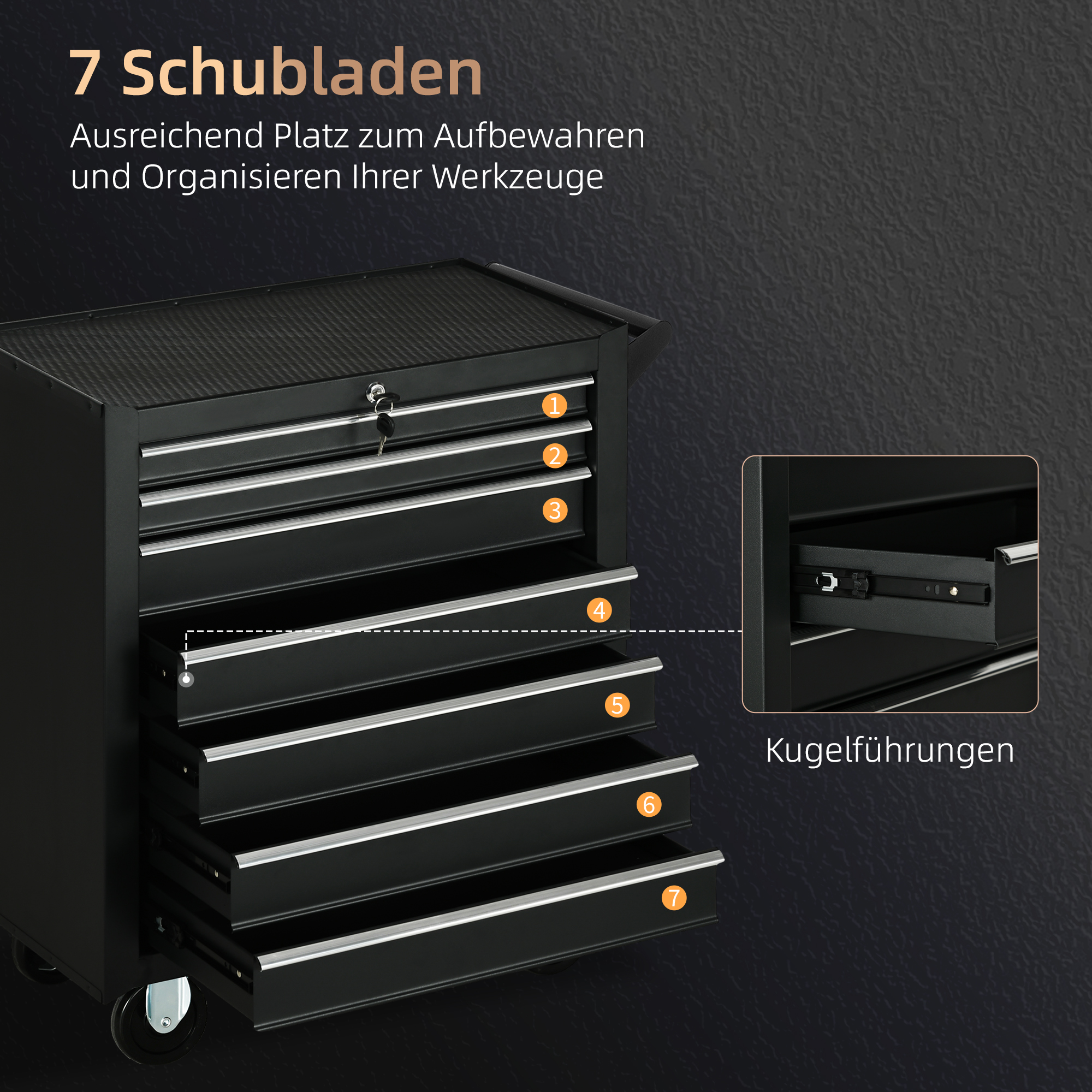 Werkzeugwagen, 2 kleine & 5 große Schubladen, Stahl, bis 150 kg, 69 x 33 x 75 cm, Rot