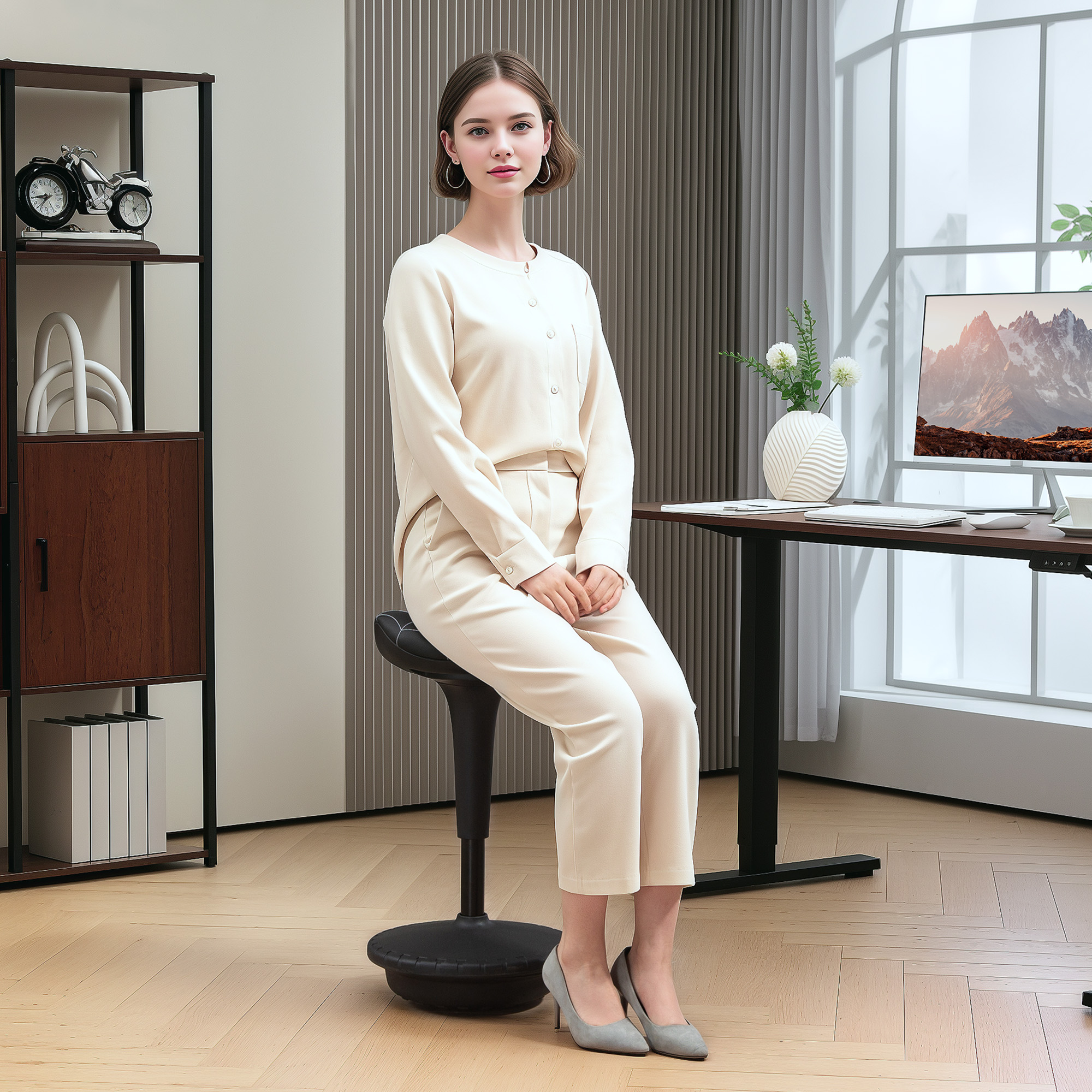 Bürohocker mit Schwenkfunktion, ergonomischer Hocker, höhenverstellbar 65,5-83,5 cm 120° neigbar Schwarz