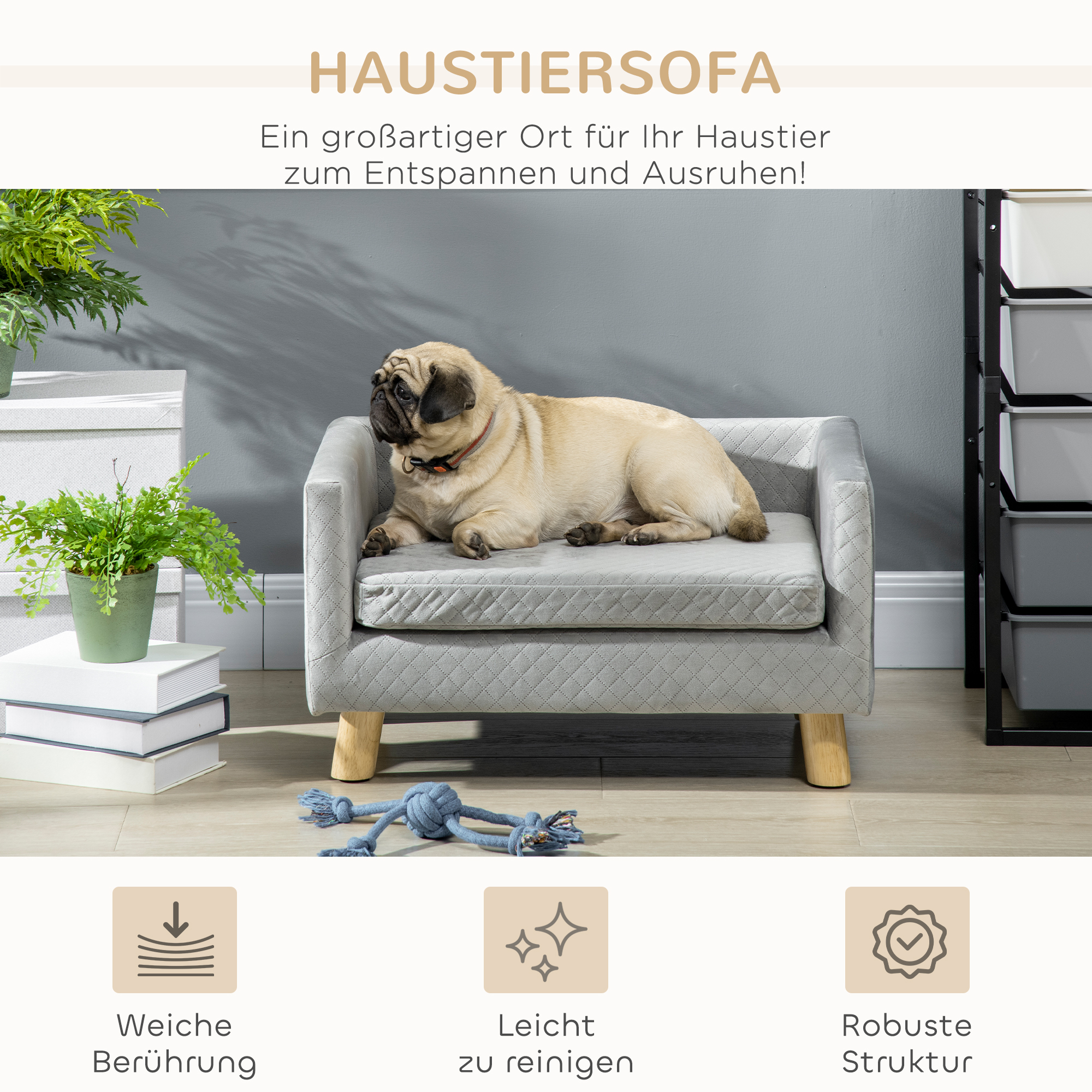 Hundesofa mit Holzbeinen Hundebett Haustiersofa Hundematte für kleine Hunde bis zu 8 kg Samt-Touch Grau 64 x 45 x 36 cm