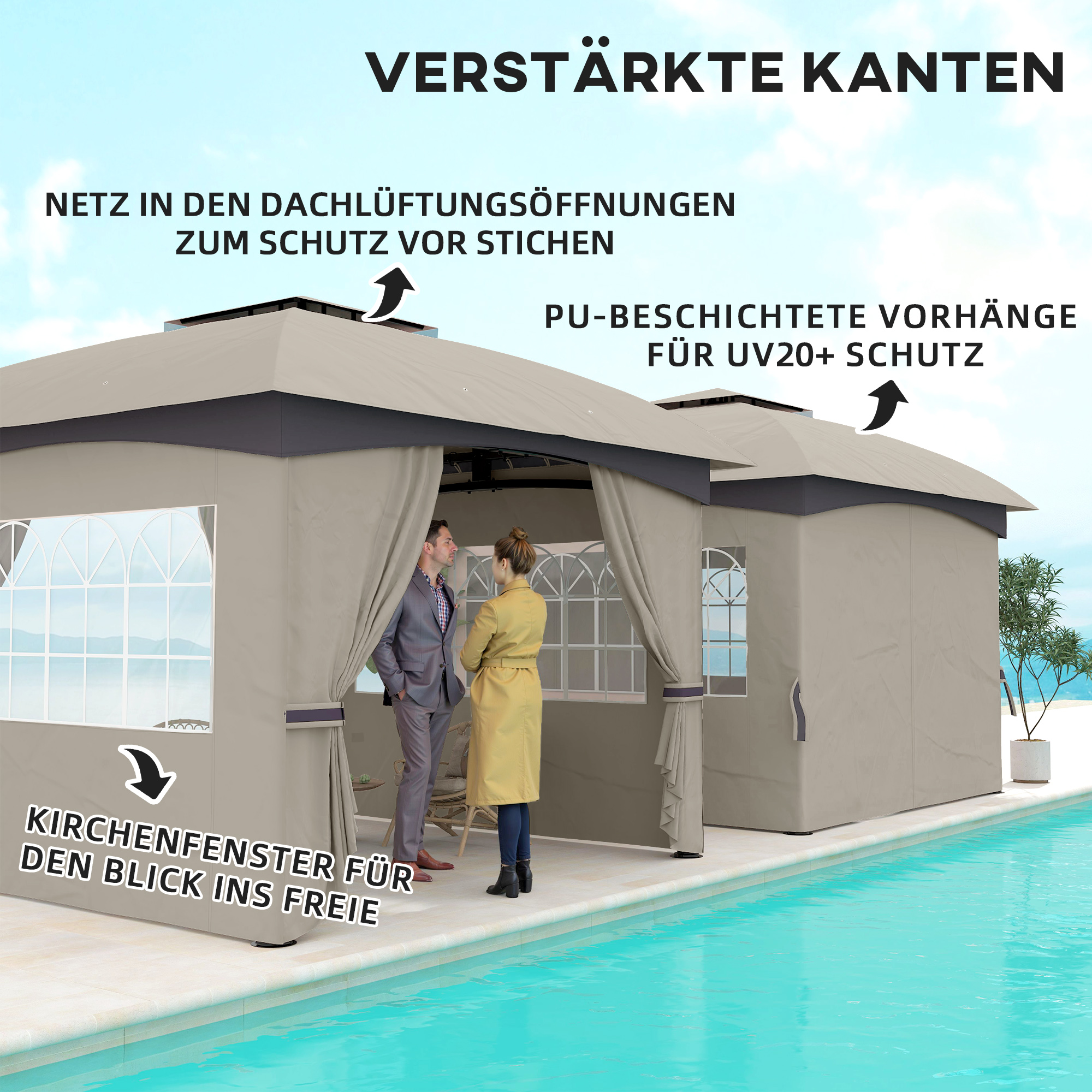 3,4 x 3,4 m Gartenpavillon, Bierzelt mit Lüftungsdach, Bogenfenstern, Stahlgestell, Hellgrau