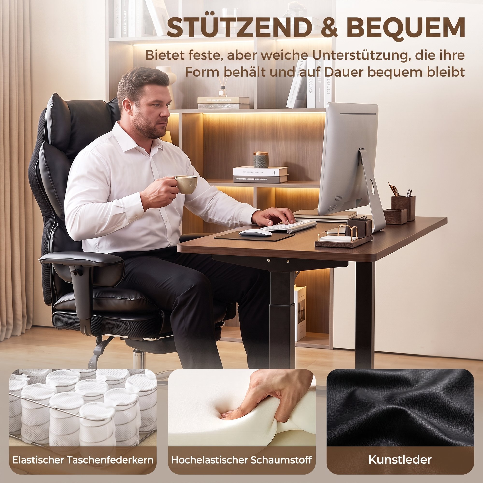 Chefsessel aus Kunstleder bis 180 kg, großer Bürostuhl mit Taschenfederkern und Liegefunktion, schwarz