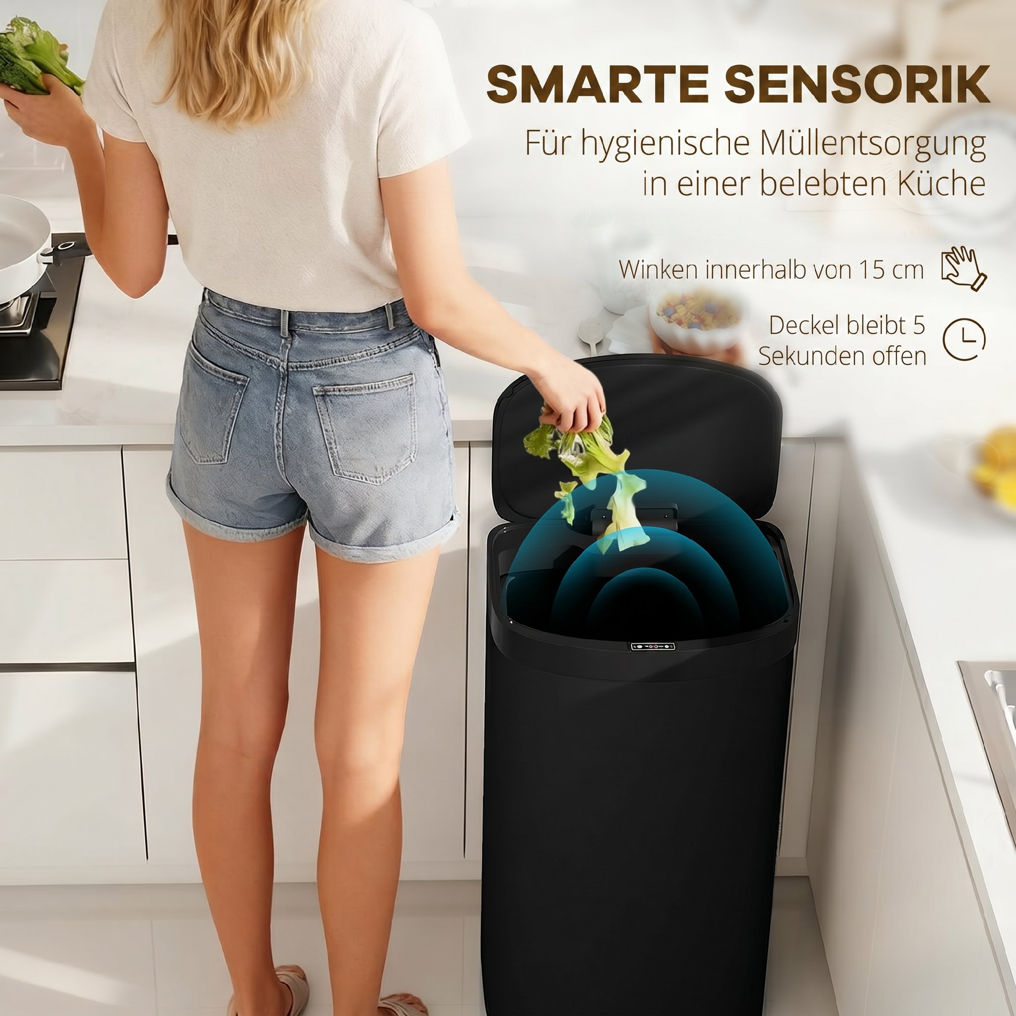 Sensor Mülleimer 55L Abfalleimer mit Soft-Close-Deckel aus Edelstahl, für Küche Fitnessstudio Büro, Schwarz