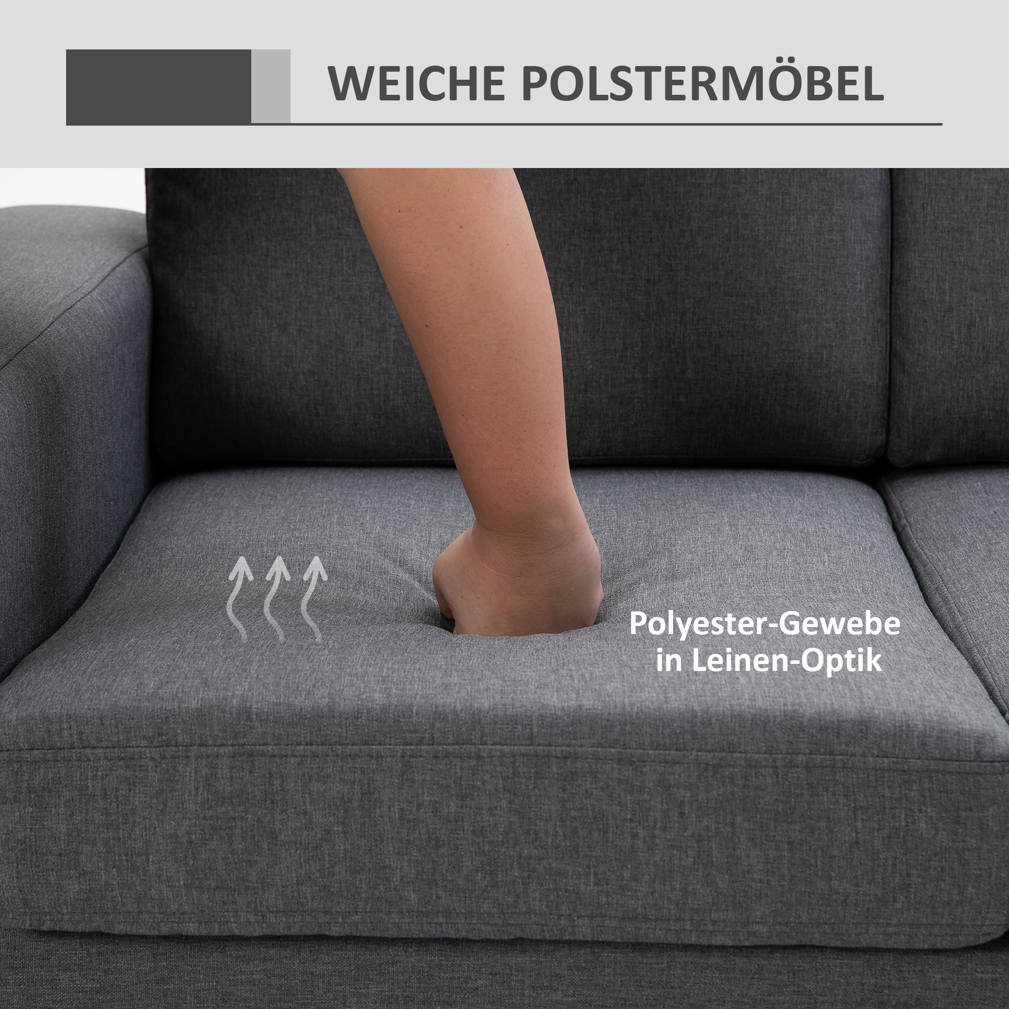 3 Sitzer Sofa Dreisitzer Stoffsofa mit Kissen Armlehne Leinenoptik für Schlafzimmer 200 x 82 x 78 cm Dunkelgrau