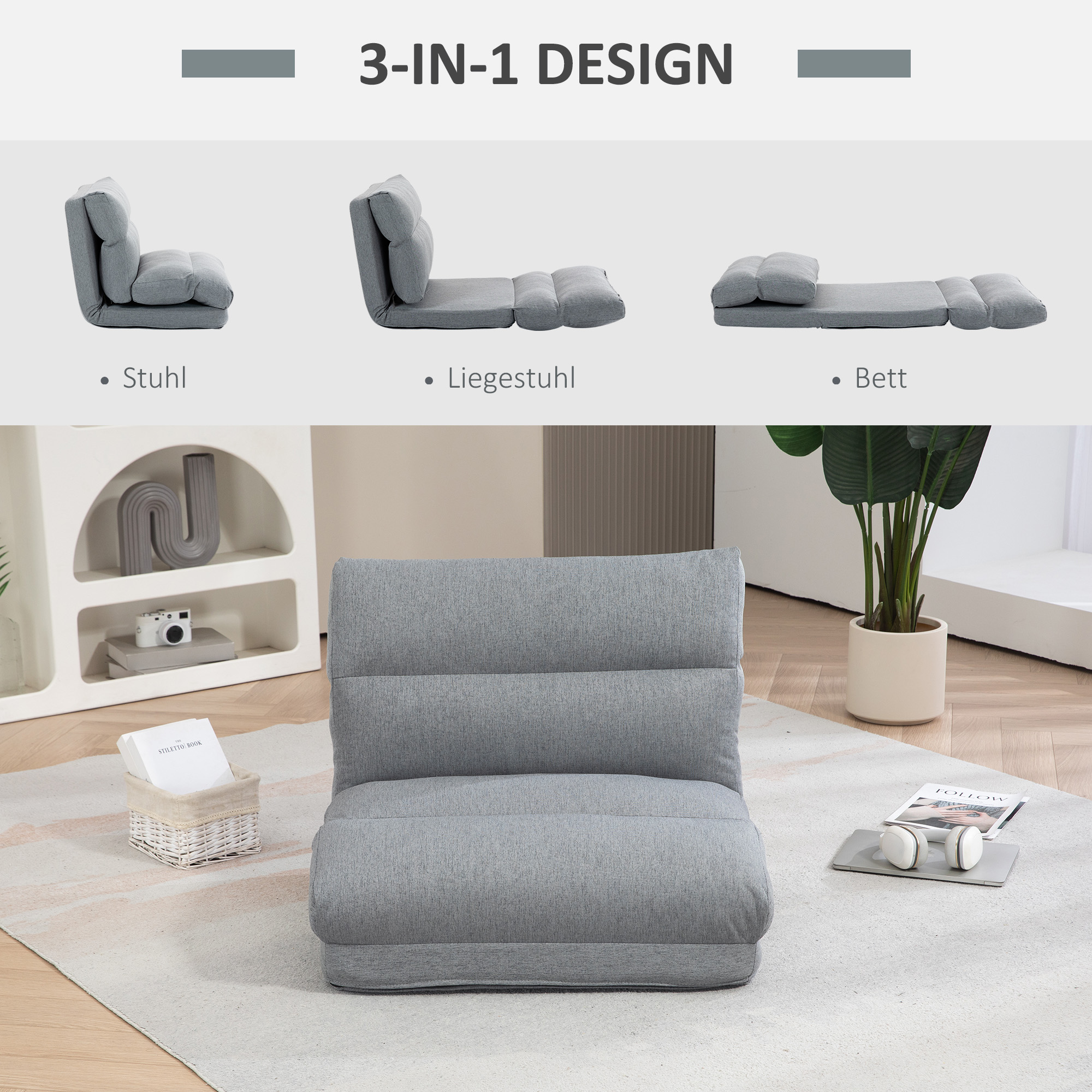 Sitzsack mit Bettfunktion, neigbare Lehne, klappbar, bis 120kg, 70 x 72 x 56 cm, Grau