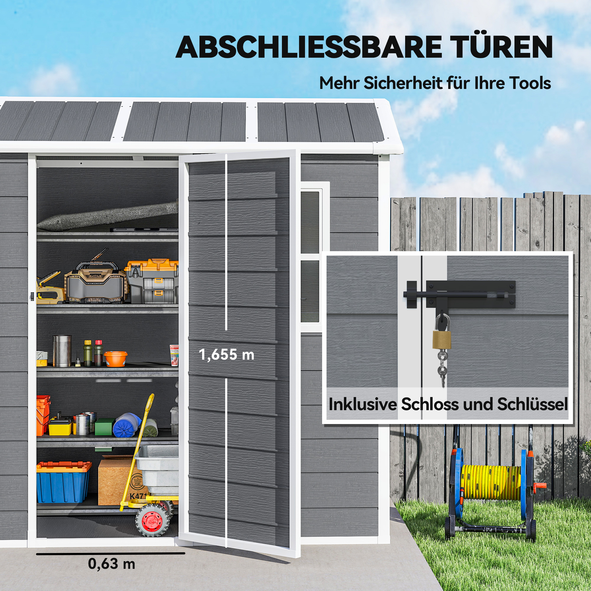 Gartenhaus, Gartenschuppen mit Boden, Fenster, verschließbarer Tür, Kunststoff-Harz, wetterfest, Grau