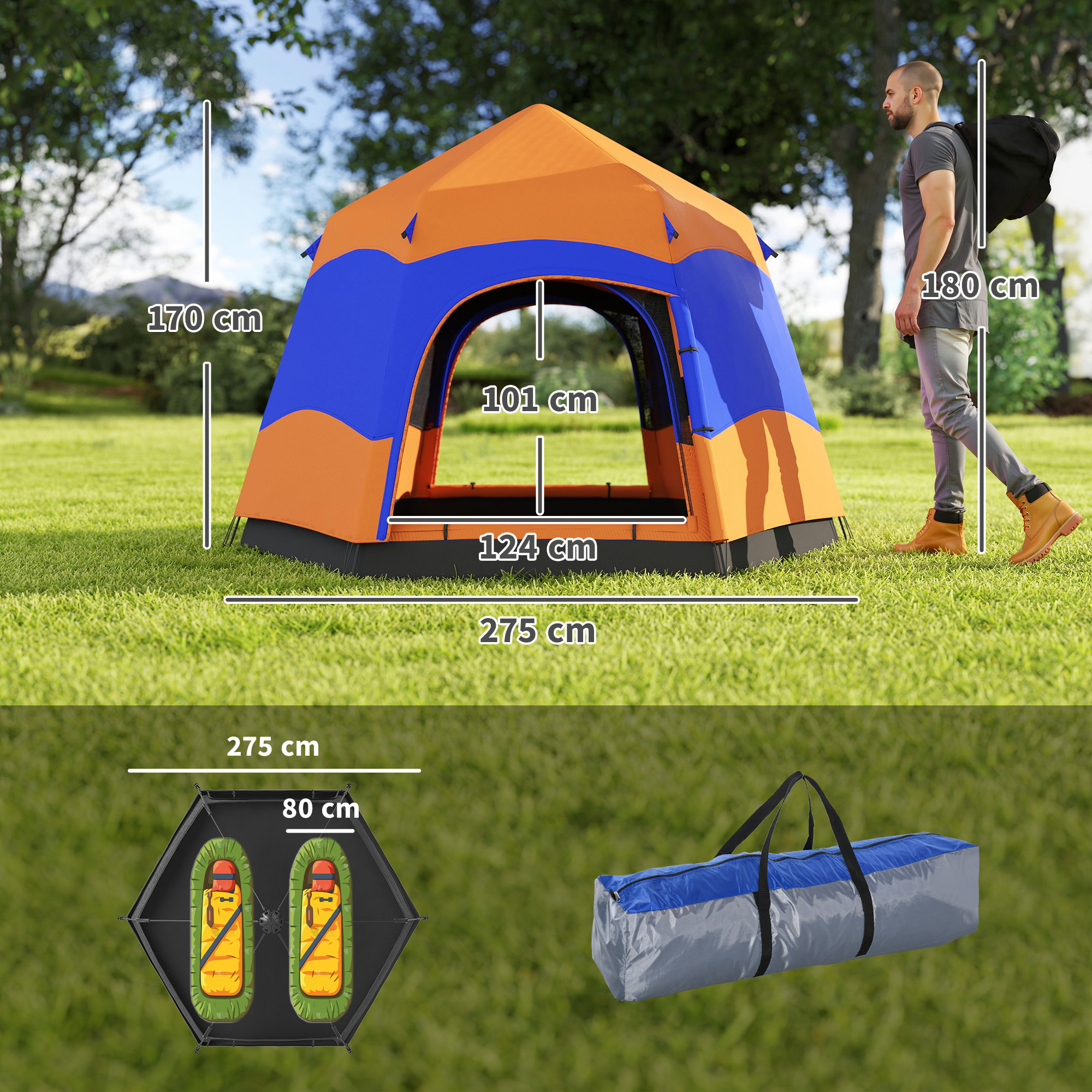 Doppellagiges Instant-Pop-Up-Zelt mit Regenschutz, Outdoor Familienzelt für 4 Personen wasserdicht sechseckig 4 Jahreszeiten Kuppelzelt mit Bodenplane 2 Türen Moskitonetz Tragetasche Orange