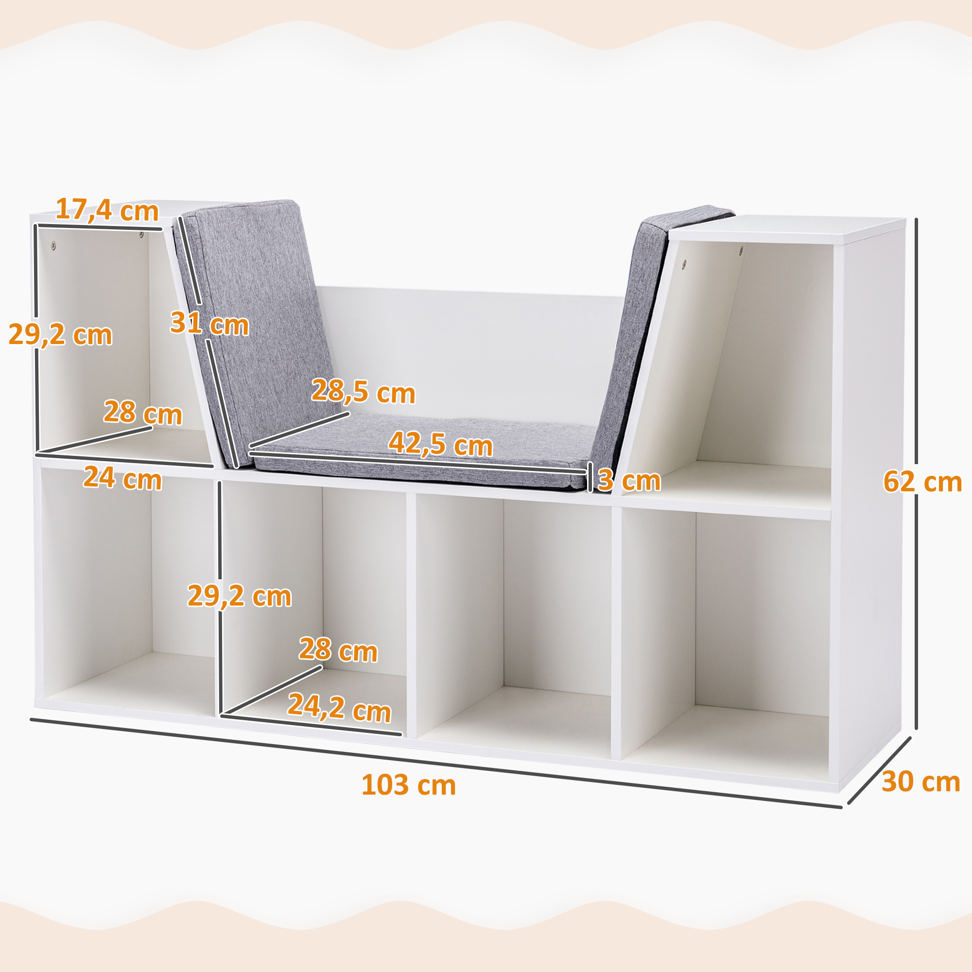 2-in-1 Kinderregal Regal + Sitzbank inkl. Polster 103 cm × 30 cm × 62 cm Weiß + Grau