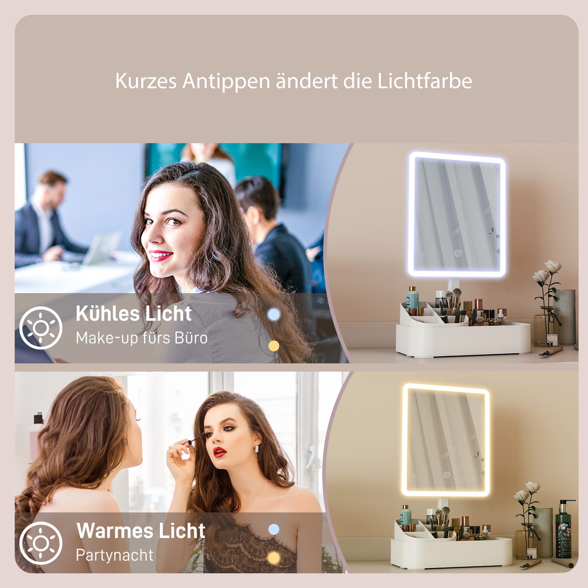 Schminkspiegel mit Beleuchtung wiederaufladbar 180°Drehbar LED Kosmetikspiegel mit 2 Beleuchtungsmodi, Weiß