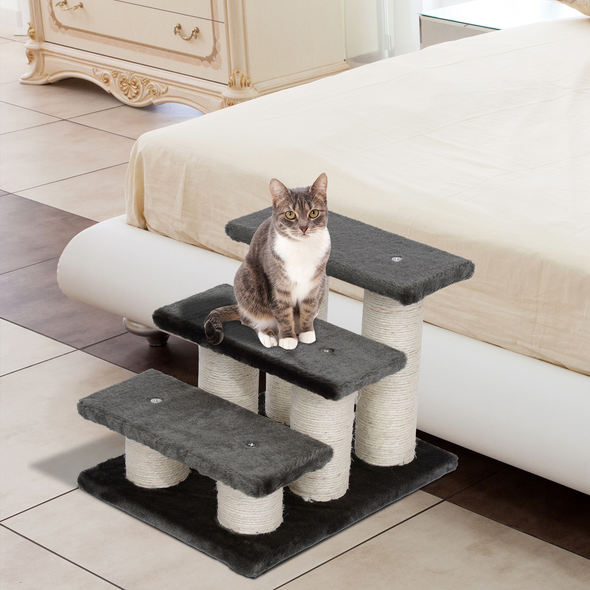 Hundetreppe 3 Stufen 34 cm Hoch Haustiertreppe für Hunde Katze Katzentreppe mit Kratzstamm Hunderampe Einstiegshilfe für Bett, Sofa, Couch Dunkelgrau