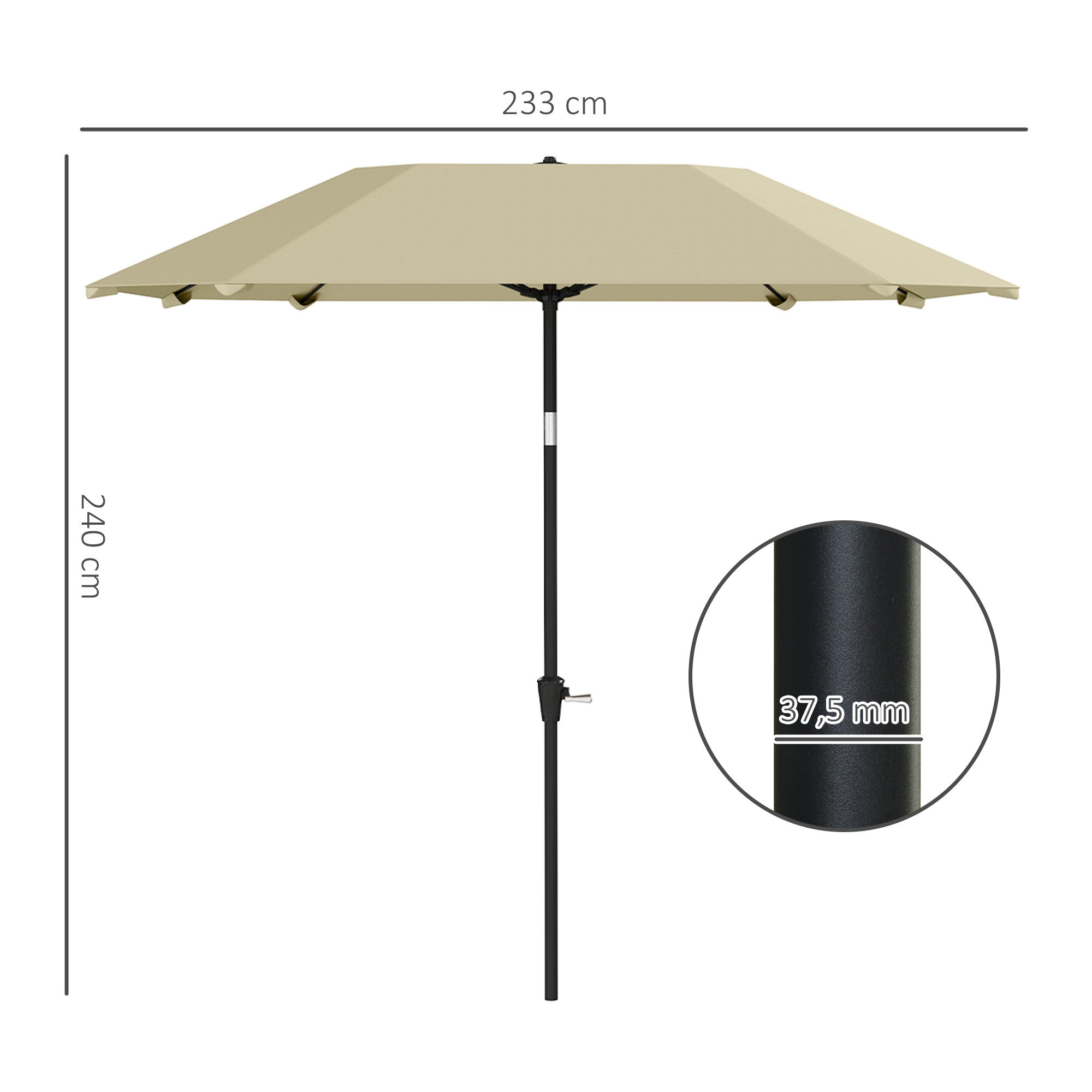 2,3 m Sonnenschirm ohne Basis, Verstellbarer Terrassenschirm mit Kurbel, Polyester, Aluminium, Fiberglas, Beige