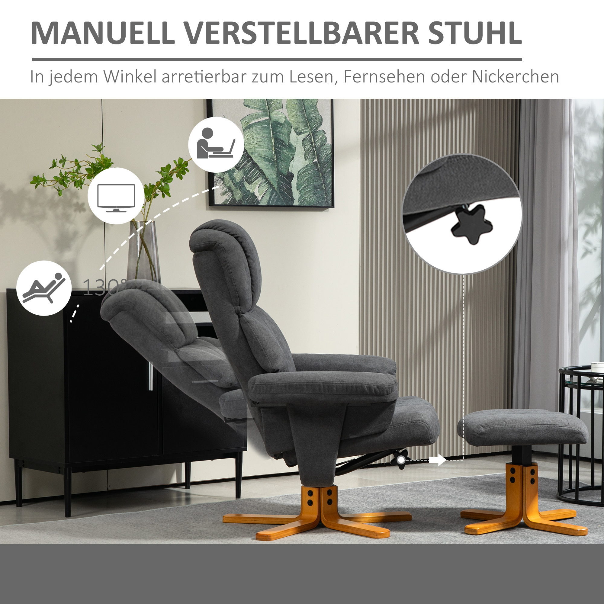 Verstellbarer Sessel mit Fußhocker mit hoher Lehne und Holzrahmen für Wohnzimmer, Schlafzimmer, Dunkelgrau