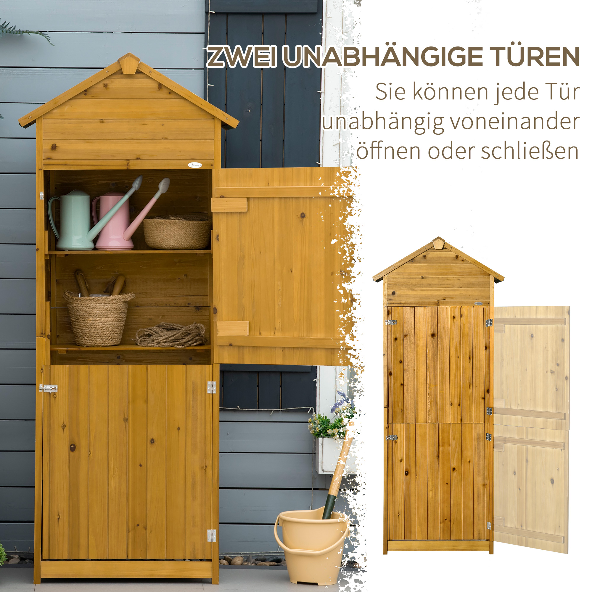 Geräteschrank, Gartenschuppen, 2 Regale, 2 Türen, wetterfest, Naturholz, 79 x 49 x 190cm