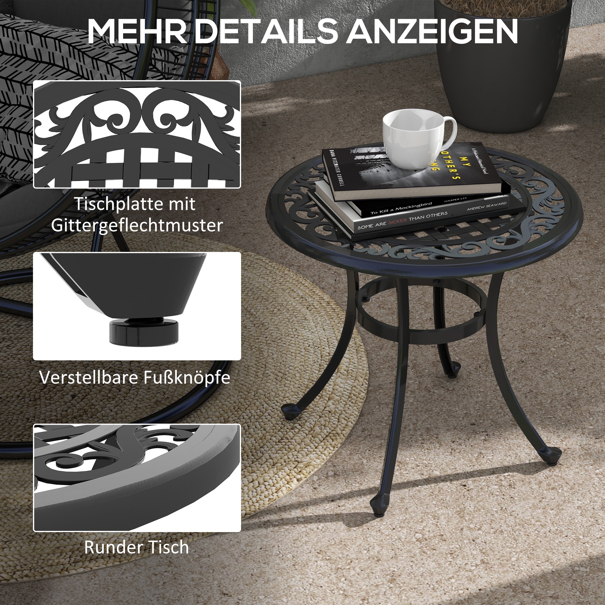 Gartentisch Loungetisch Balkontisch, Vintage-Design, 60 x 60 x 53 cm, Schwarz
