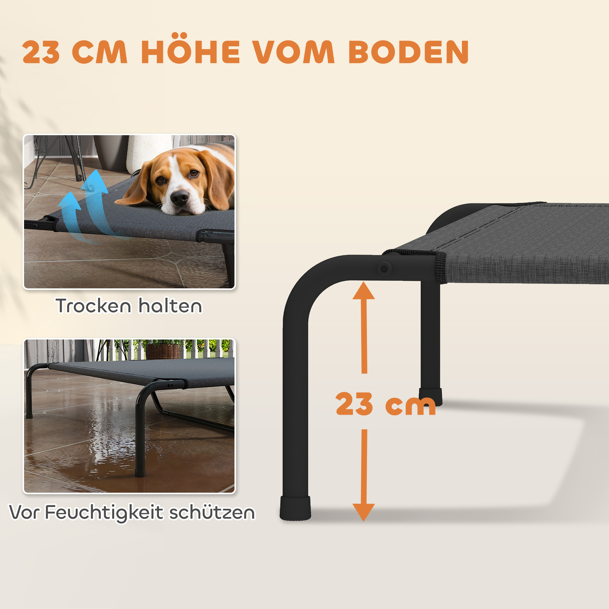 Hundeliege Outdoor, erhöhtes Hundebett für große Hunde, mit Waschbares Mesh Stahlrahmen, 152 x 94 x 23 cm, Grau