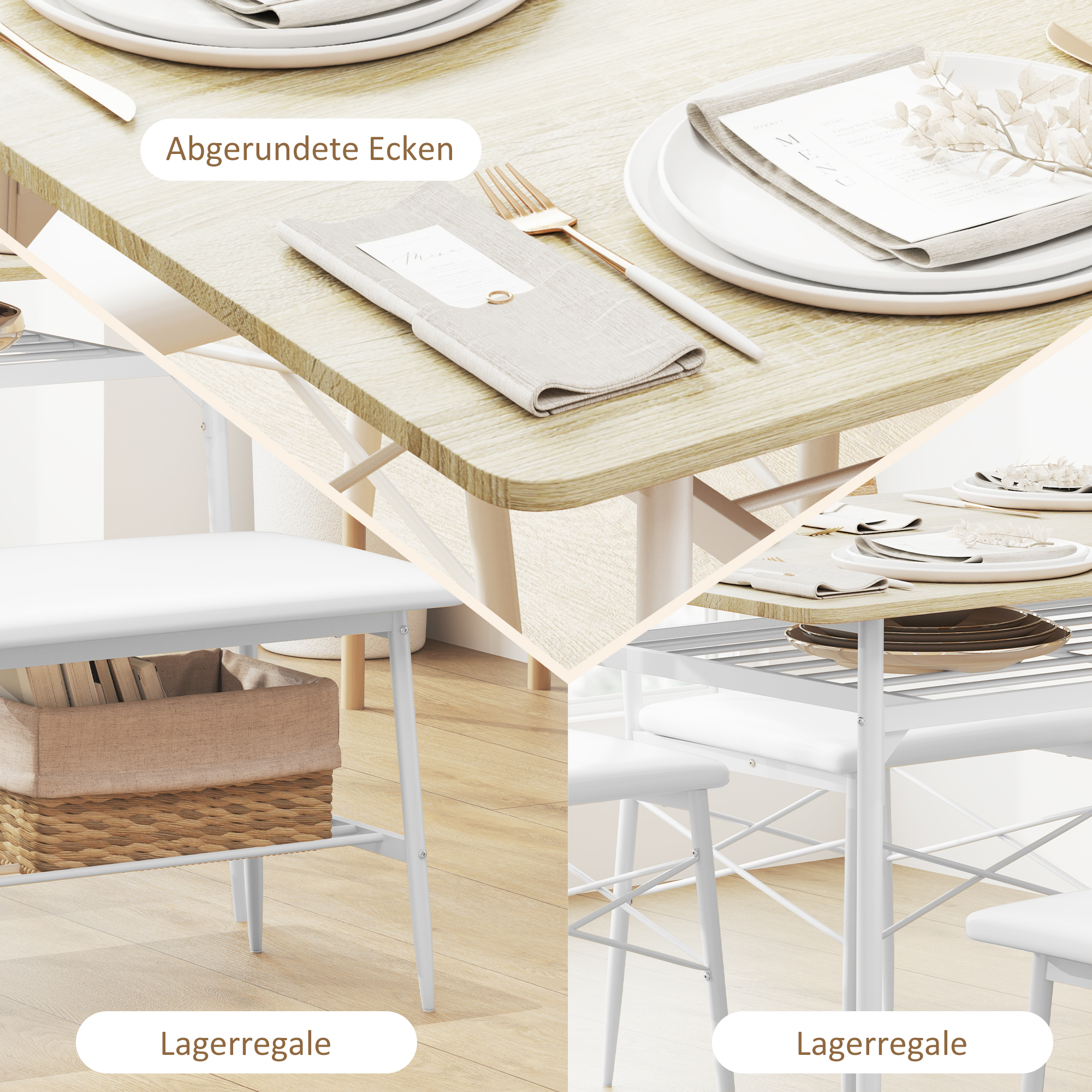 4-teiliges Esstisch-Set mit Stühlen und Bank für 4 Personen, gepolsterte Sitze, Stahlrahmen, Holz, Eiche