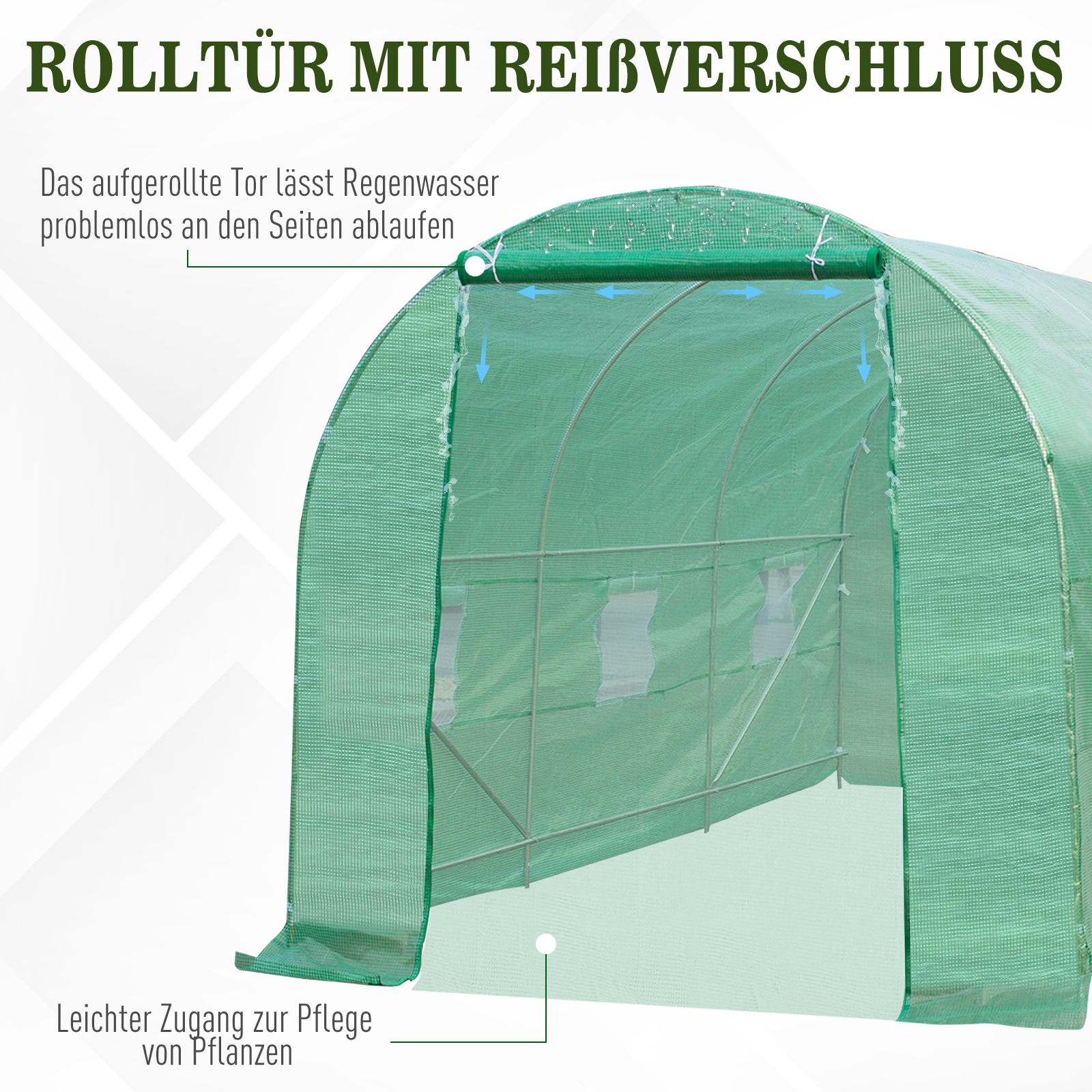 Gewächshaus 445x190x200cm Foliengewächshaus Tomatenhaus Tür mit Moskitonetz, Fenster, Folientunnel aus verzinktem Stahl, stabiles Pflanztunnel, Treibhaus inkl. Erdanker Seilen, Grün