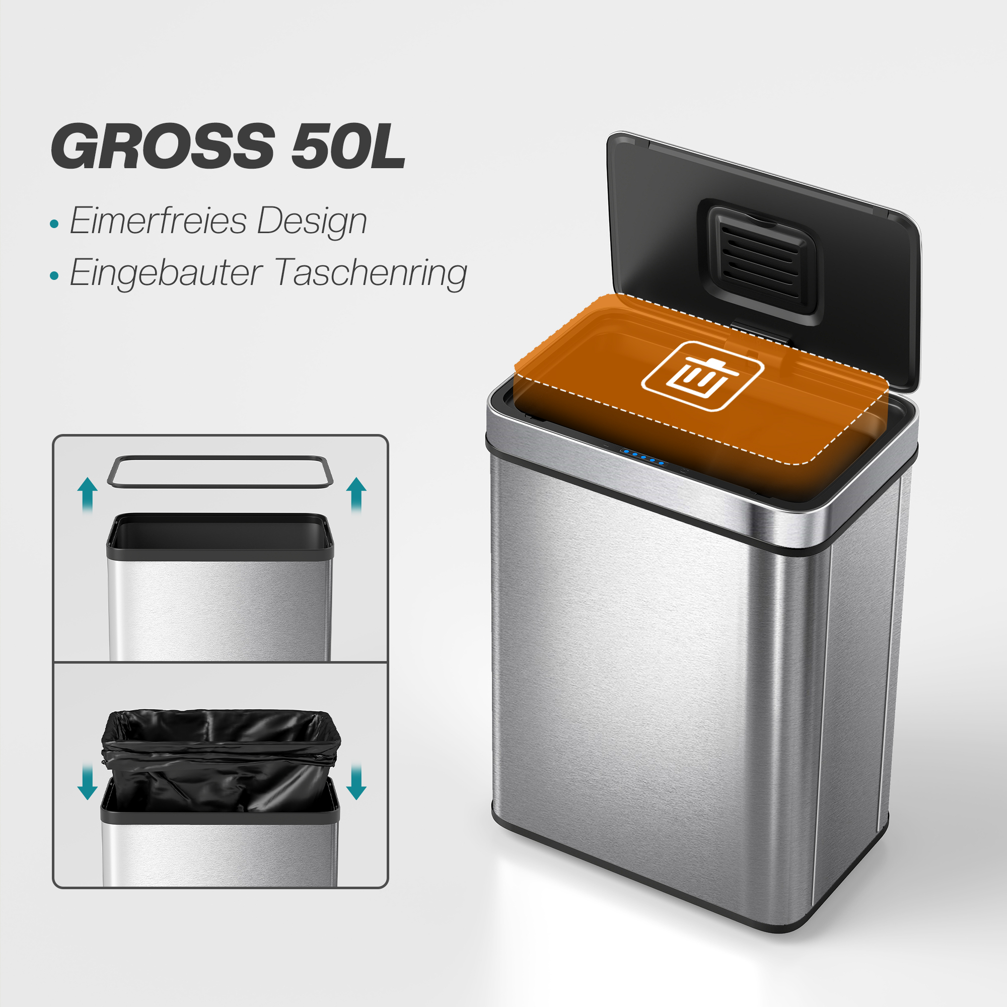 50l Sensor-Mülleimer, automatischer Deckel, Edelstahl, vielseitig einsetzbar, Silberfarben