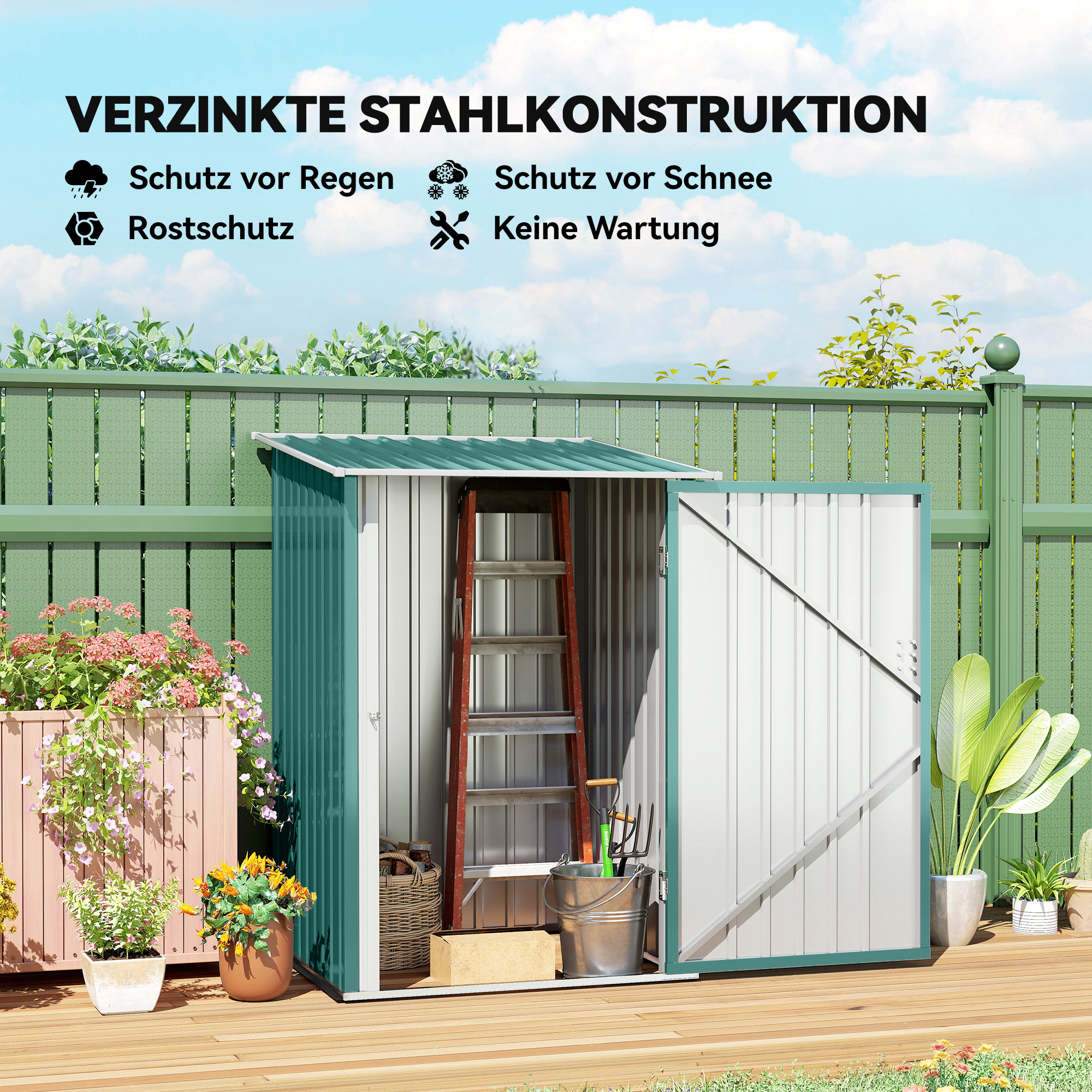 Gerätehaus Metall, Gartenschuppen mit Pultdach, Abschließbare Tür, Außenbereich, 100x103x160 cm, Grün