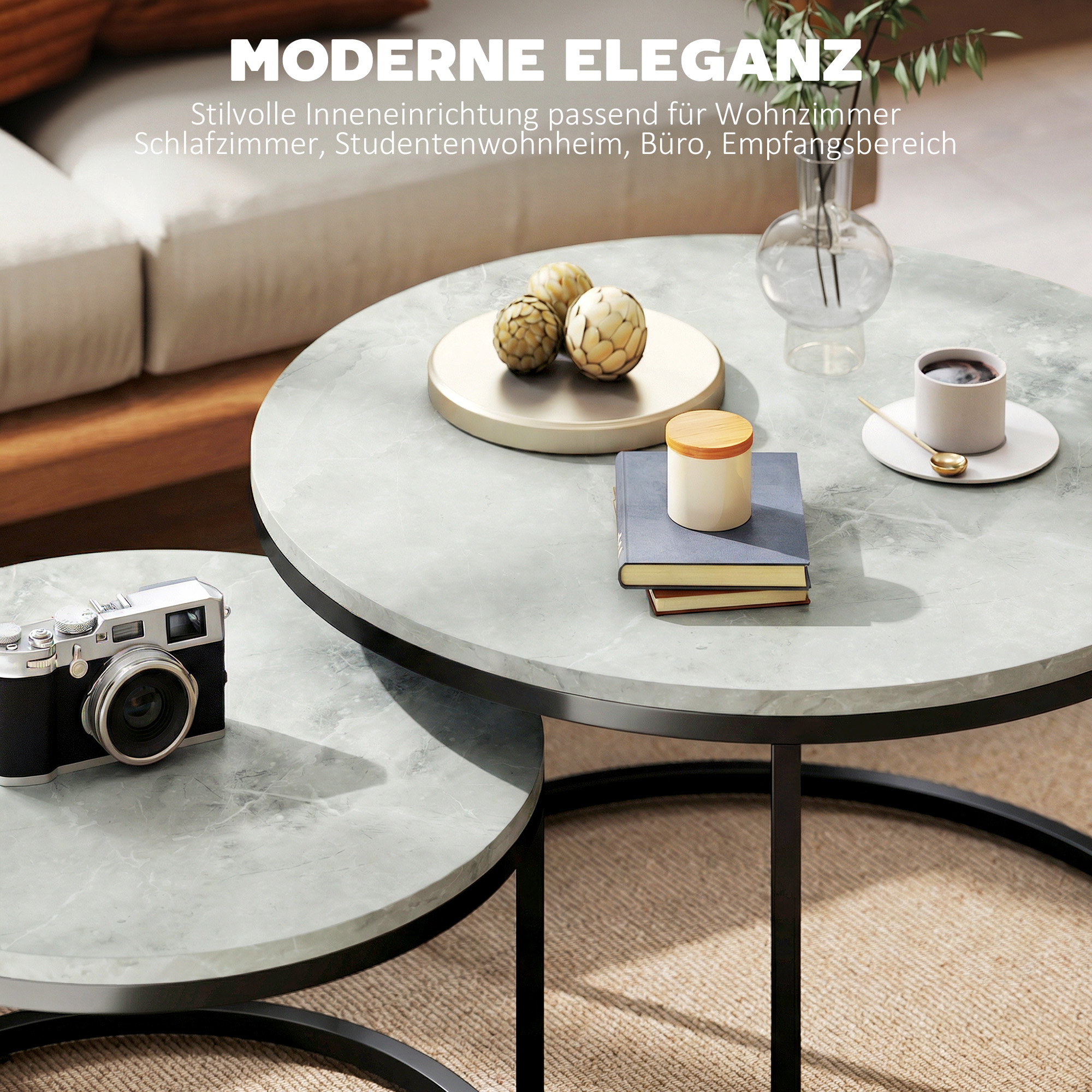 Modernes Kaffeetisch 2er-Set, Stapelbare Beistelltische mit Metallgestell für Wohnzimmer, Schlafzimmer, Büro, Grau