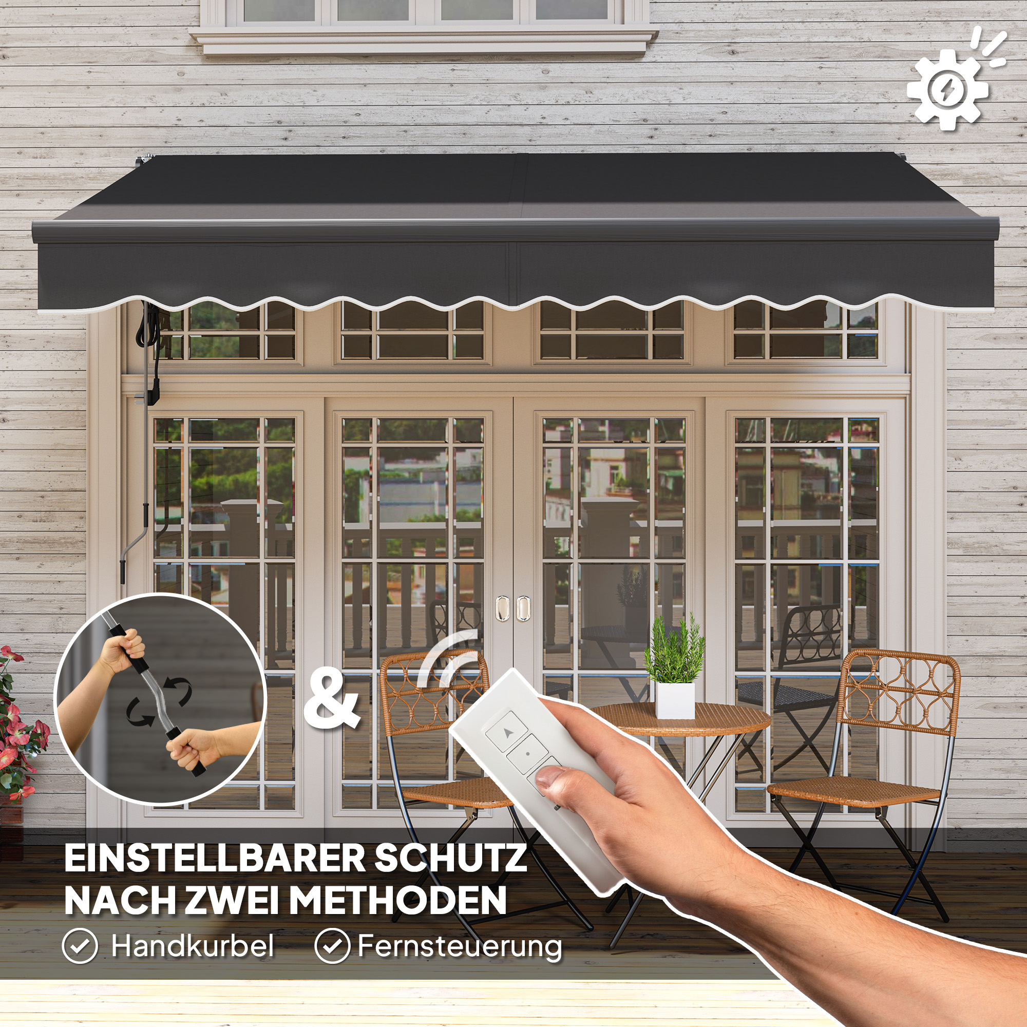 Klemmmarkise mit Handkurbel elektrisch höhenverstellbar Gelenkarmmarkise 300 cm breit Dunkelgrau
