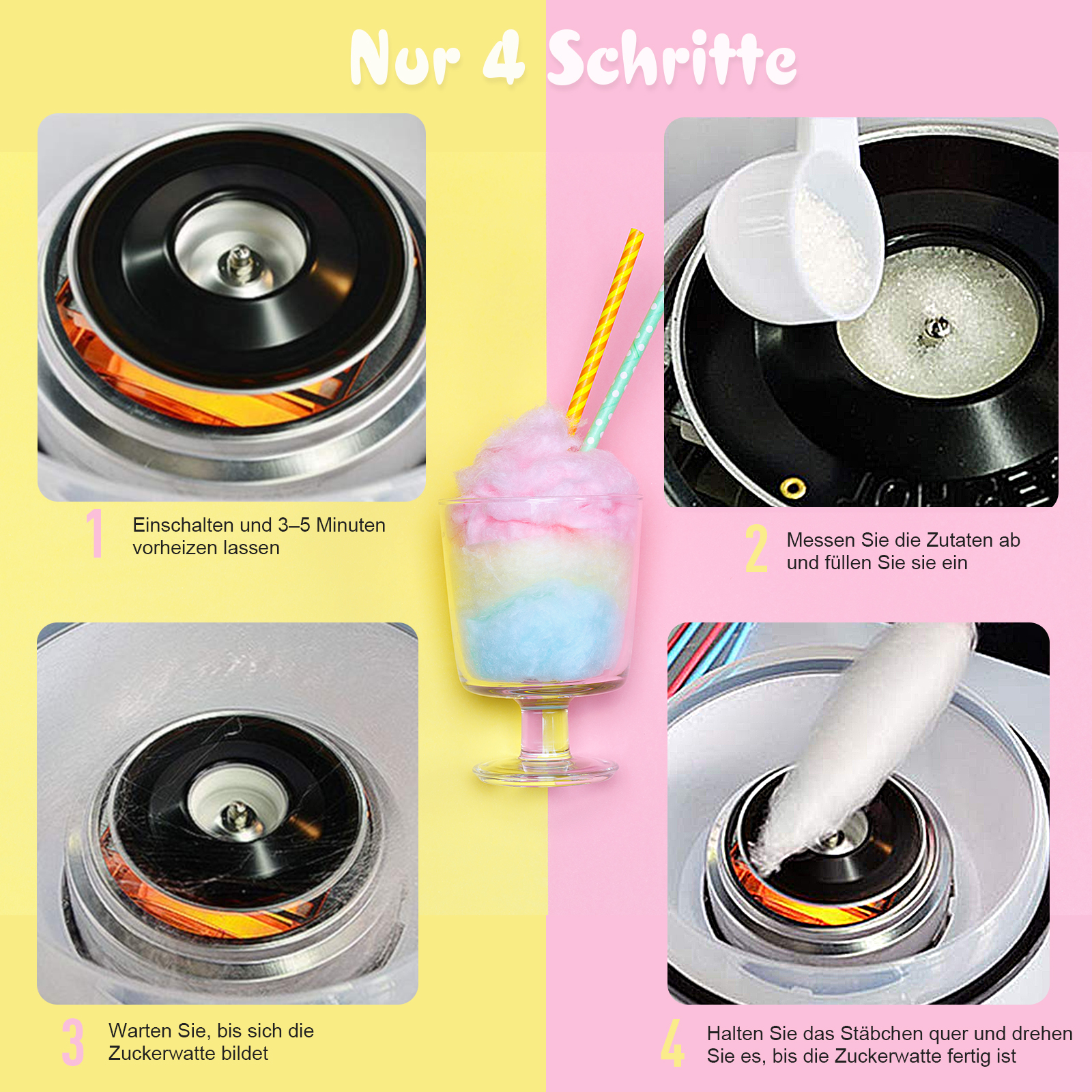 Zuckerwattemaschine, einfach zu bedienendes Zuckerwattegerät, für Erwachsene und Kinder, Edelstahl, PP, Weiß