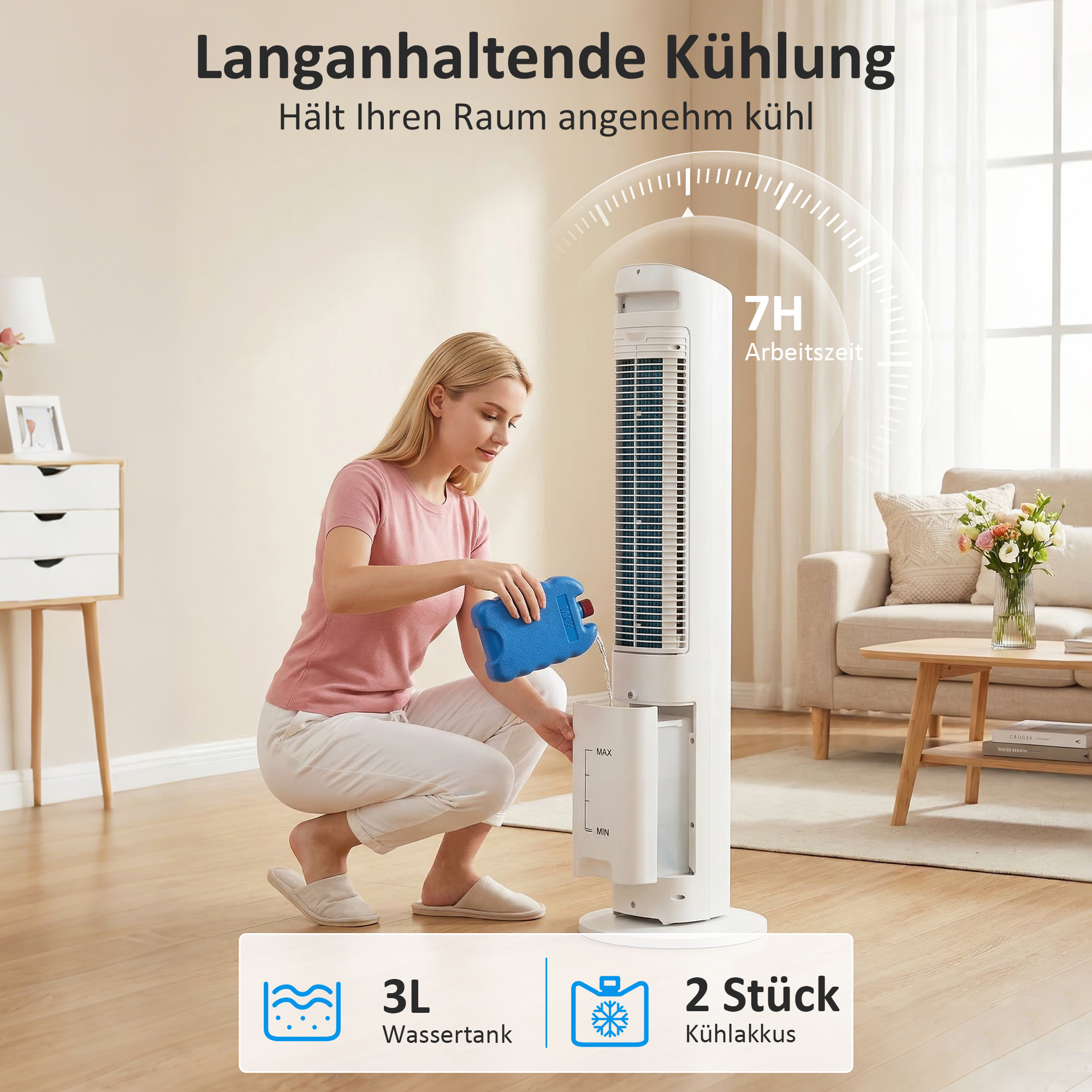 tragbarer 3-in-1 Turm-Luftkühler mit 3-Liter-Wassertank, 3 Geschwindigkeiten und 3 Modi, weiß