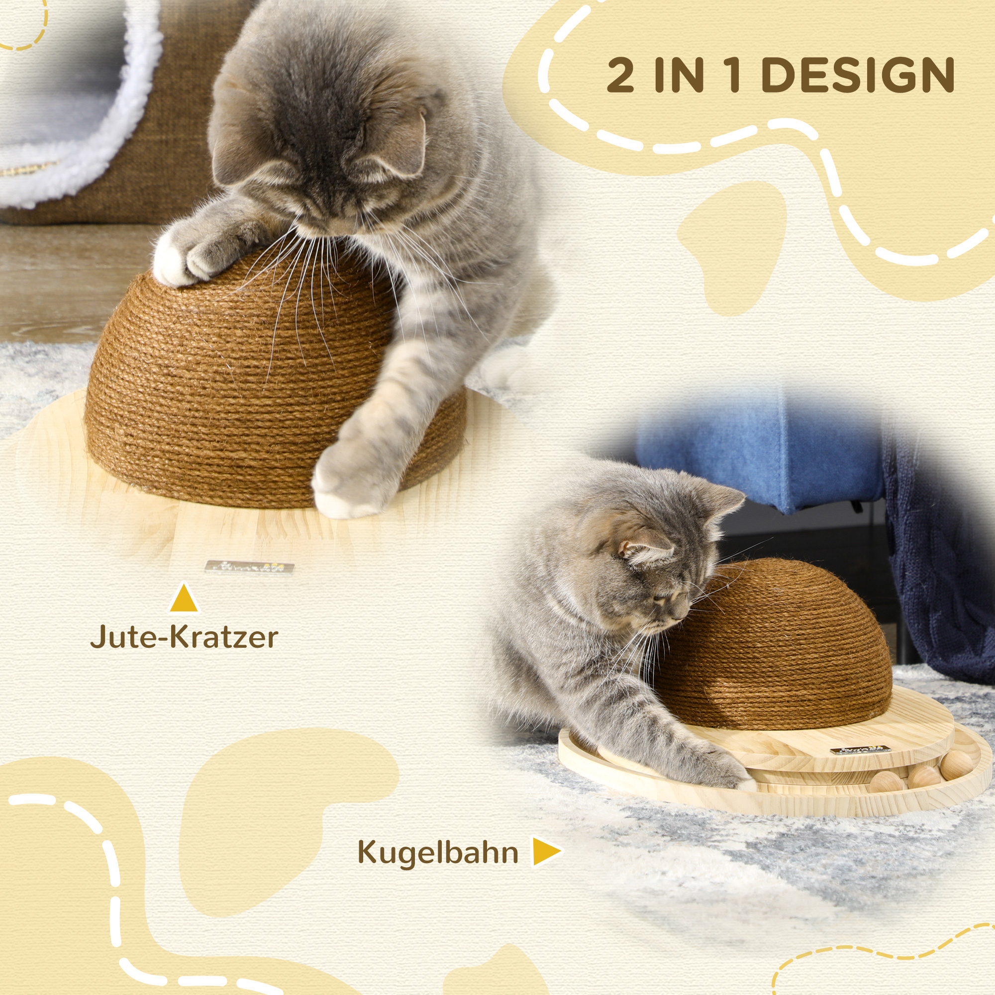 interaktives Katzenspielzeug, Kratzfläche, ovale Kugelbahn, Kiefernholz, 39,5 x 32,5 x 14,5 cm
